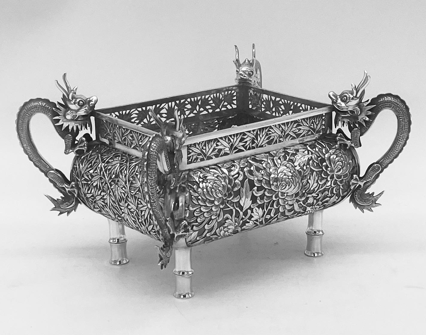 Late 19th Century Chinese Export Silver Jardiniere with Dragons and Figures For Sale