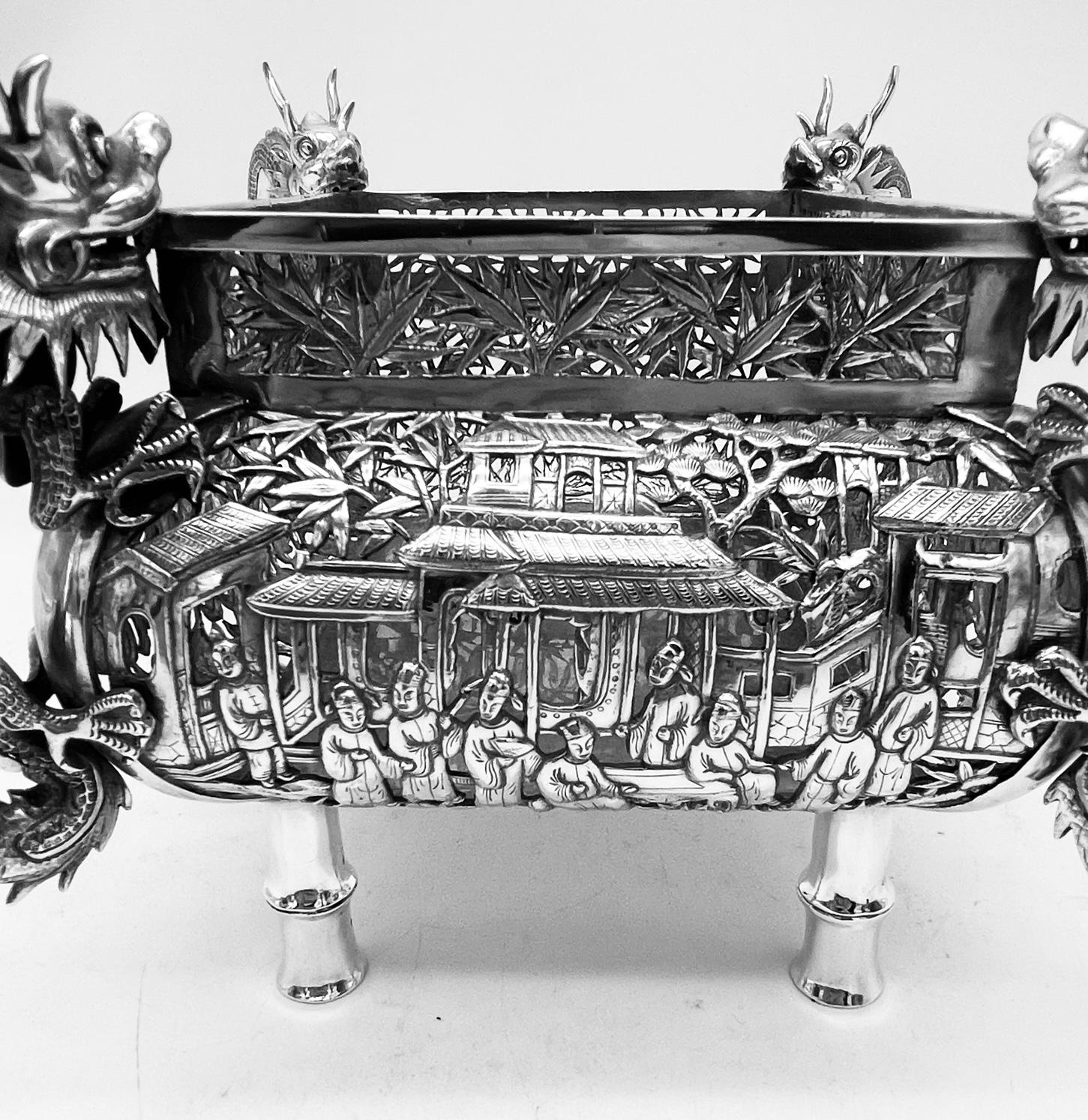 Chinese Export Silver Jardiniere with Dragons and Figures For Sale 3