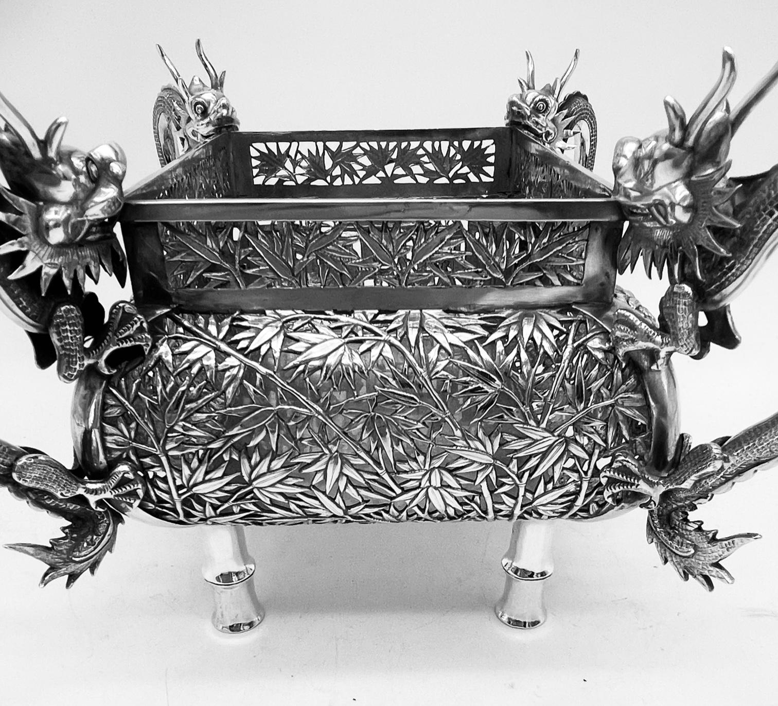 Chinese Export Silver Jardiniere with Dragons and Figures For Sale 5