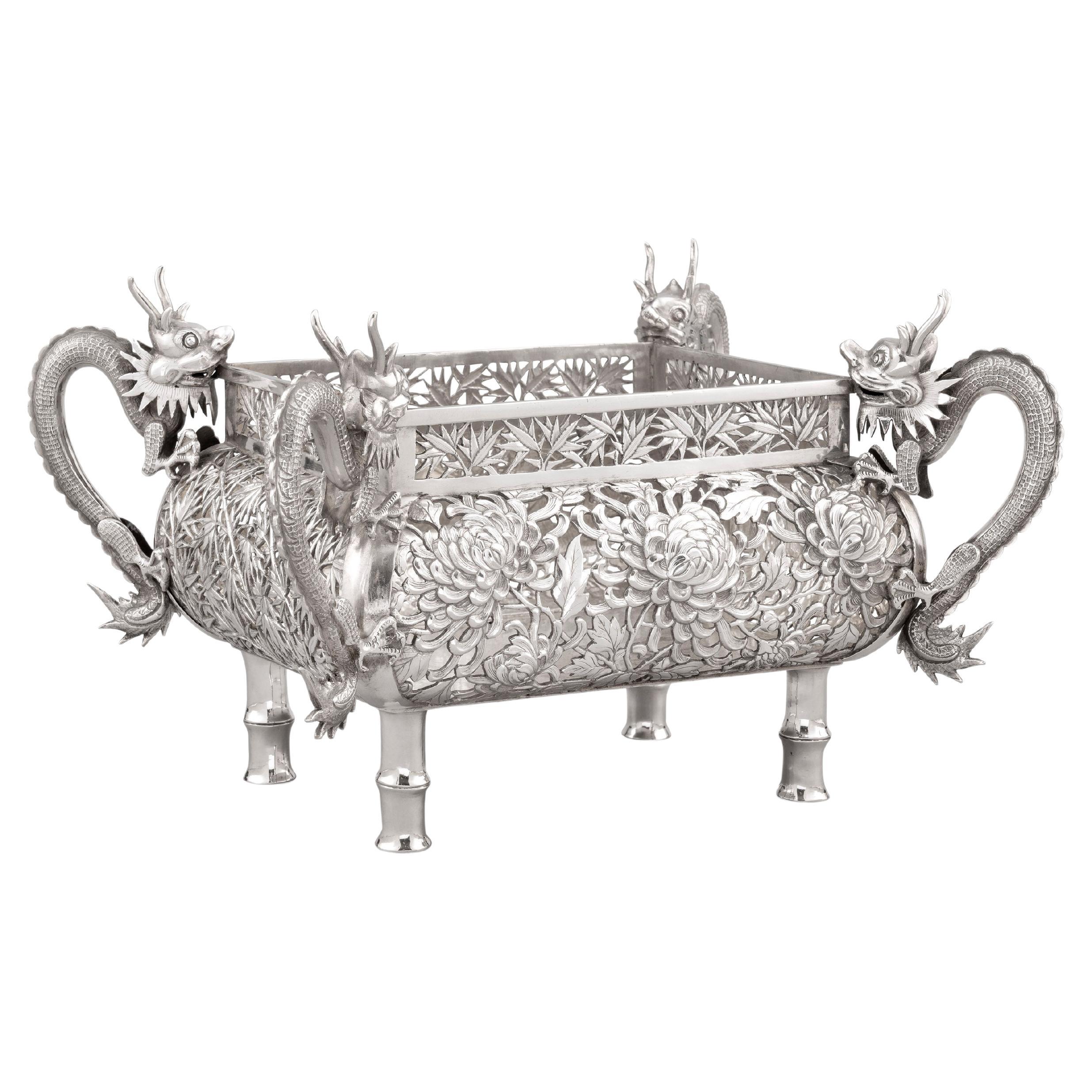 Chinese Export Silver Jardiniere with Dragons and Figures