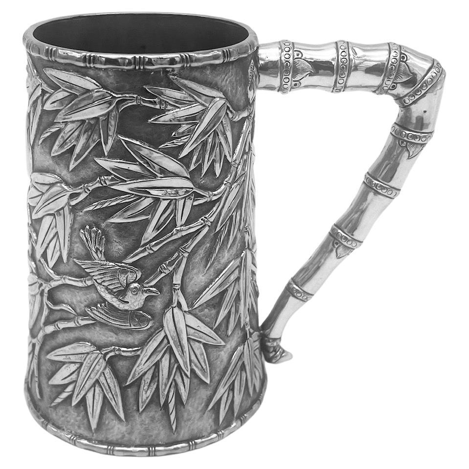 Chinese Export Silver Mug with Bamboo Decoration For Sale