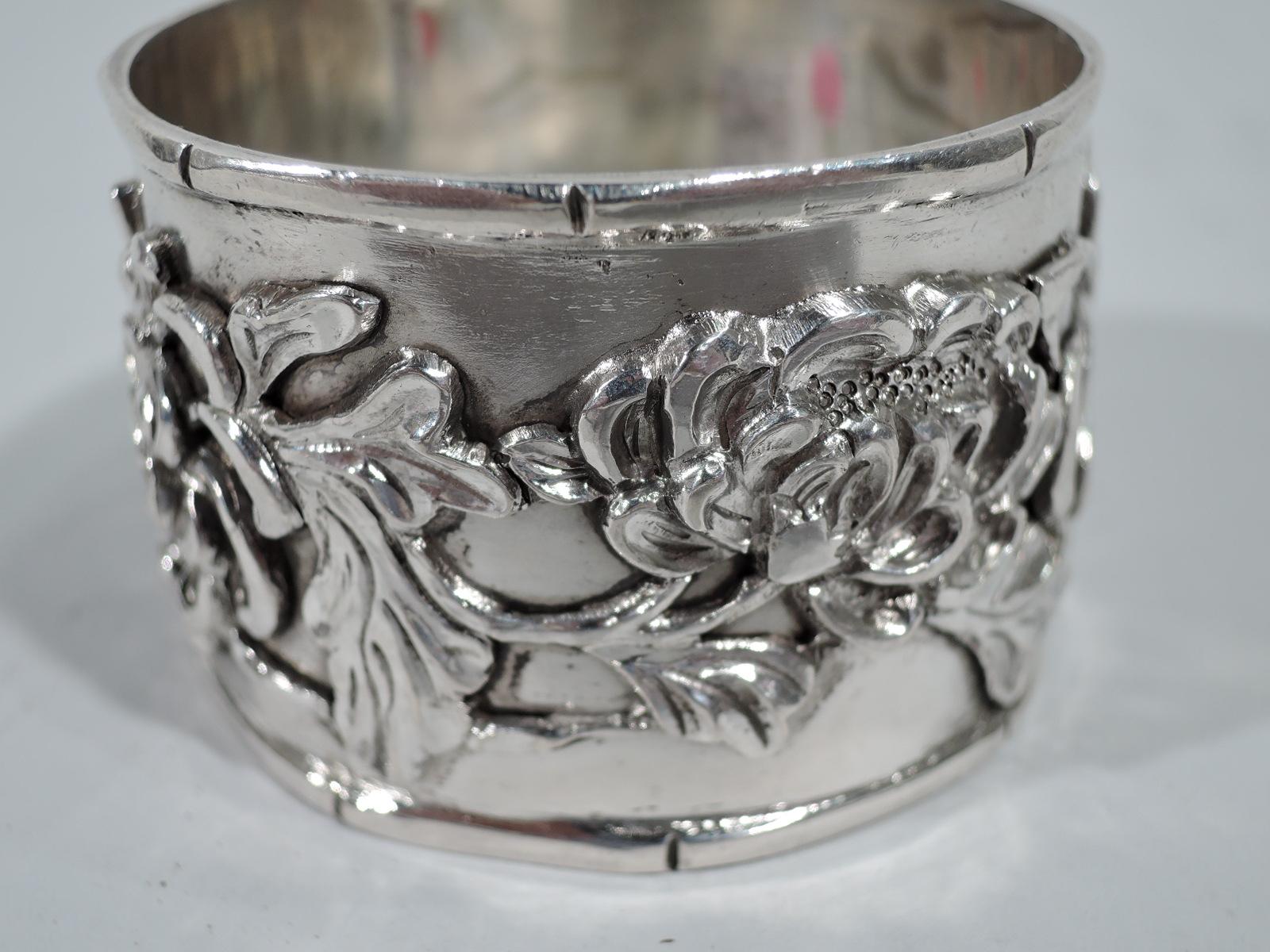 19th Century Chinese Export Silver Napkin Ring with Blossoming Branch