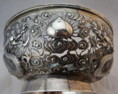 Chinese Export Silver Openwork Dragon Bowl by Wang Hing & Co, Hong Kong, 1890