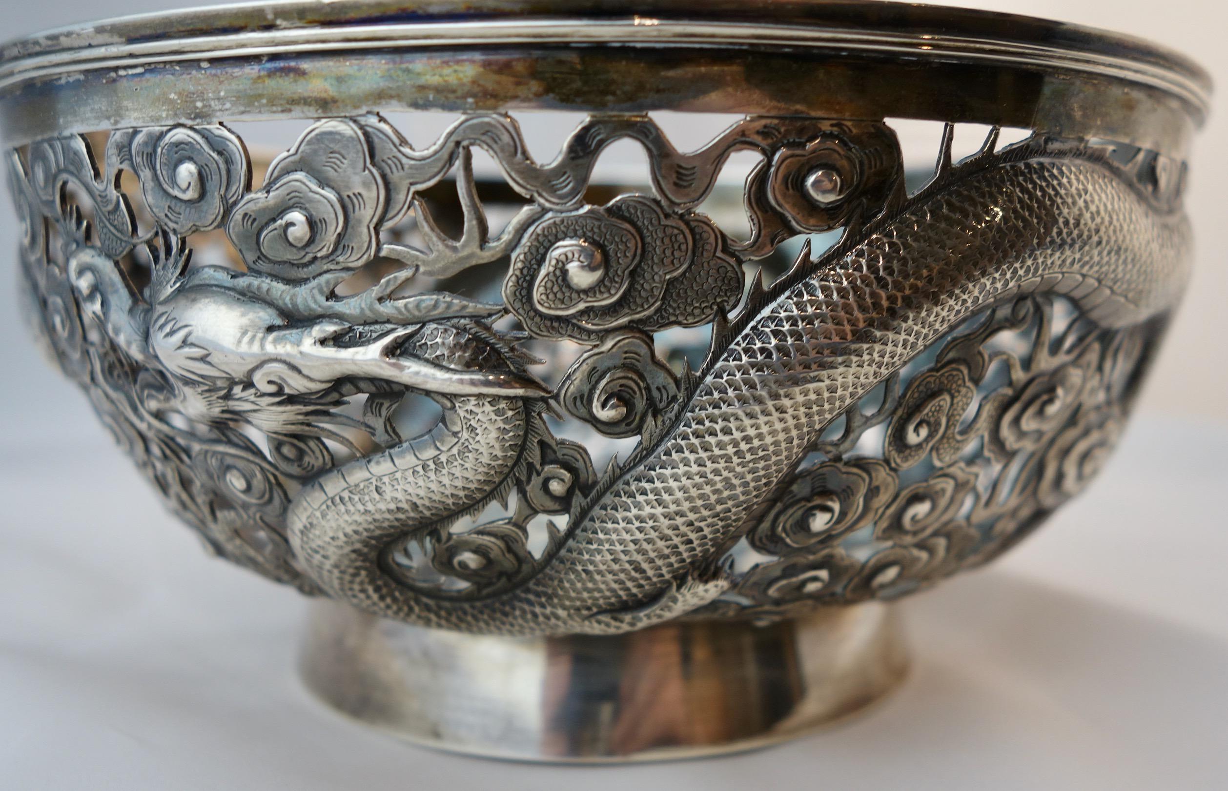 Repoussé Chinese Export Silver Openwork Dragon Bowl by Wang Hing & Co, Hong Kong, 1890 For Sale