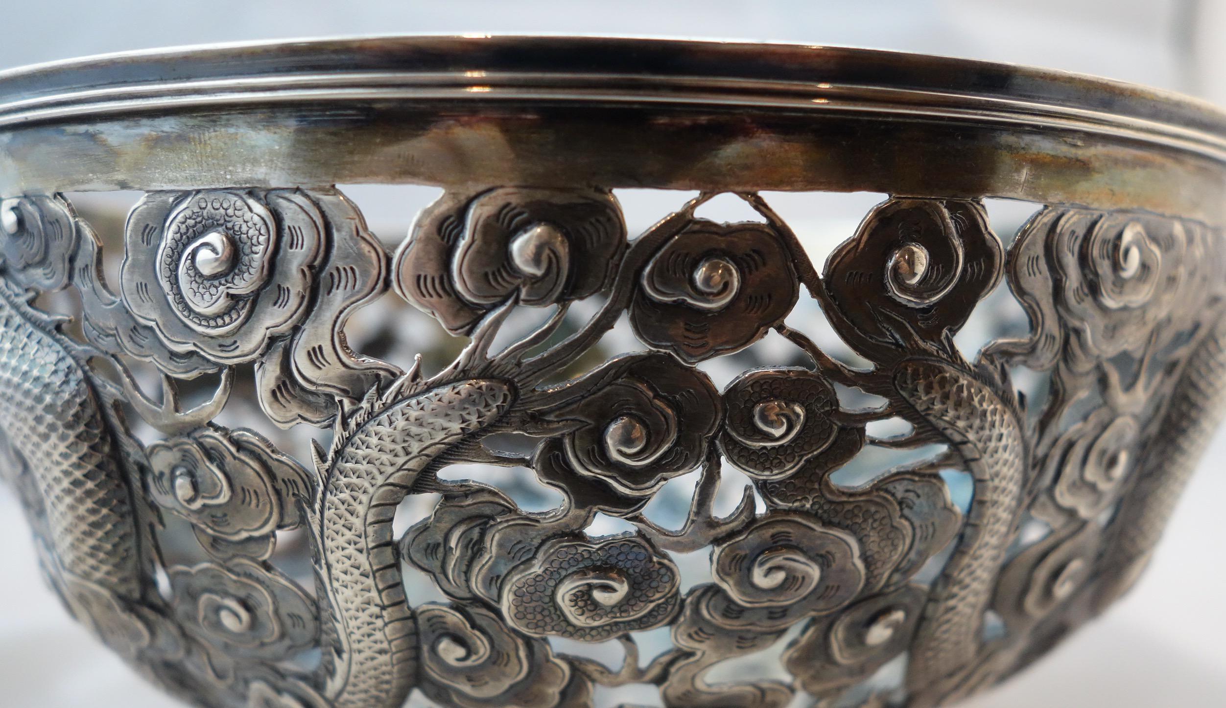 Chinese Export Silver Openwork Dragon Bowl by Wang Hing & Co, Hong Kong, 1890 In Good Condition For Sale In Gainesville, FL
