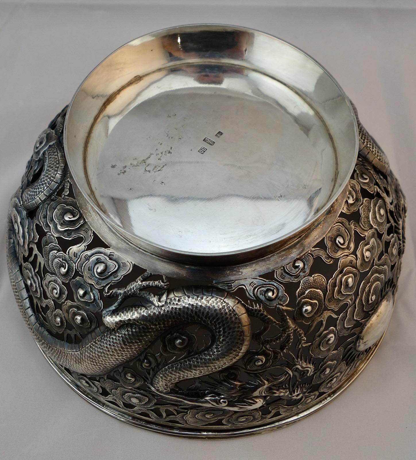 19th Century Chinese Export Silver Openwork Dragon Bowl by Wang Hing & Co, Hong Kong, 1890 For Sale
