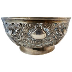 Antique Chinese Export Silver Openwork Dragon Bowl by Wang Hing & Co, Hong Kong, 1890