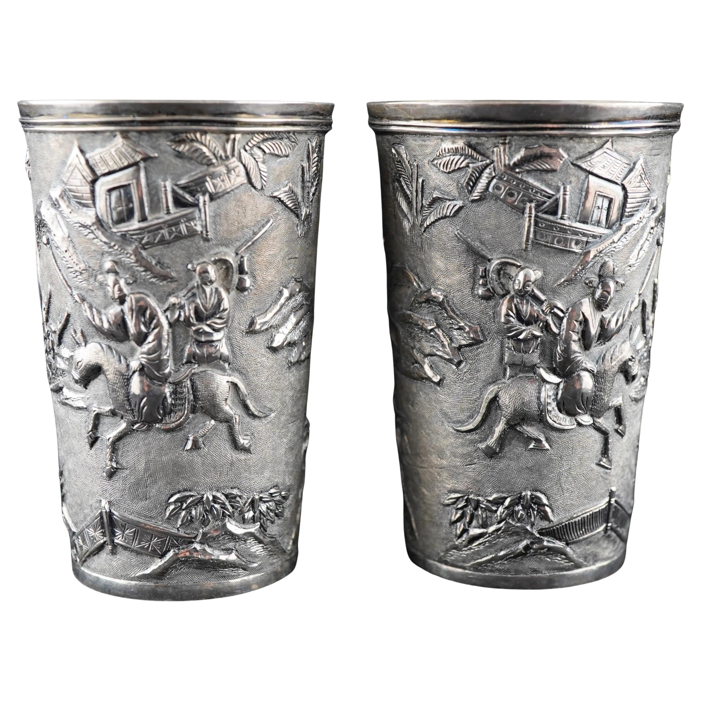 Chinese Export Silver Pair of Scenic Beakers