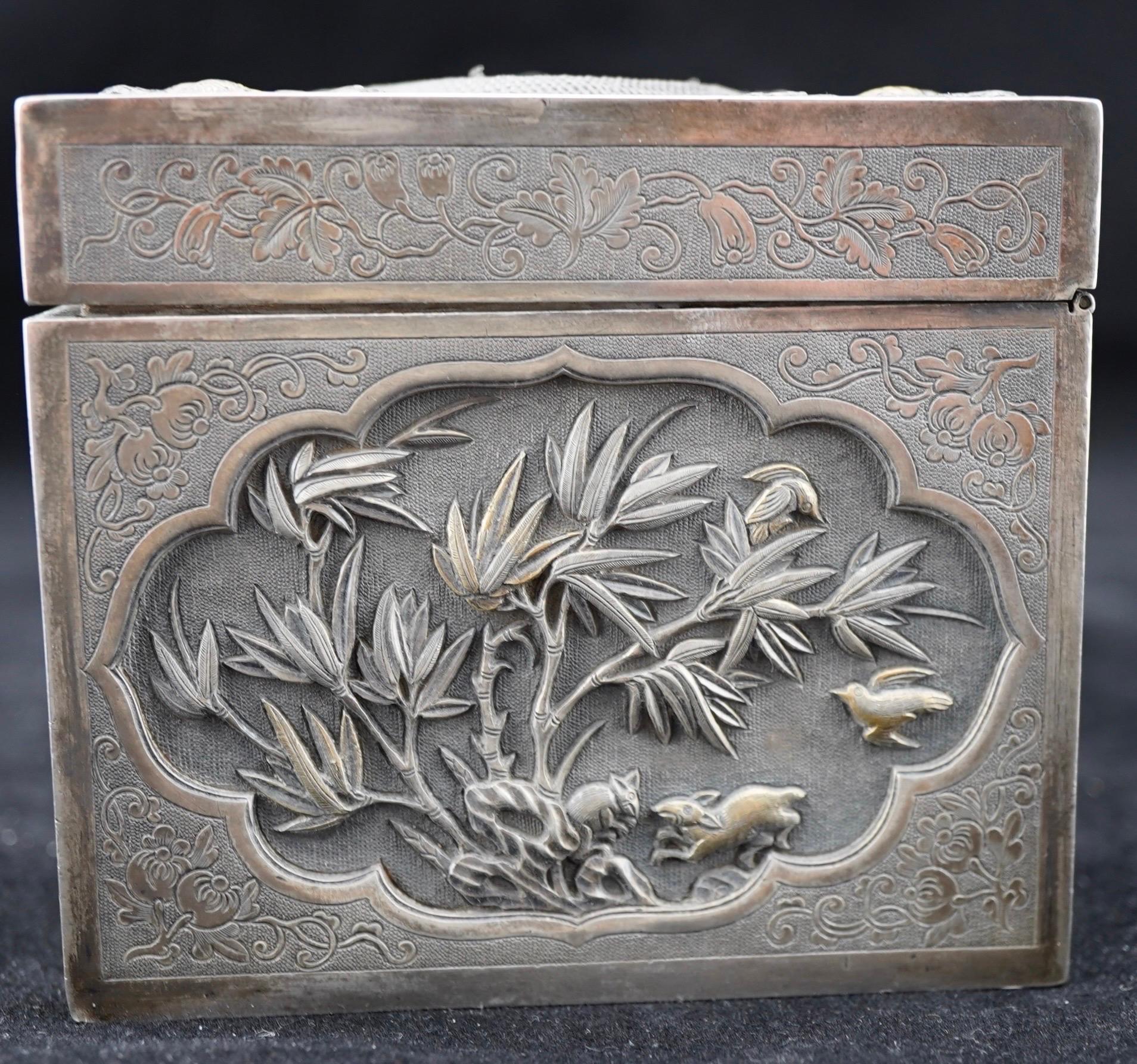 19th Century Chinese Export Silver Repousse Dragon and Landscape Box For Sale