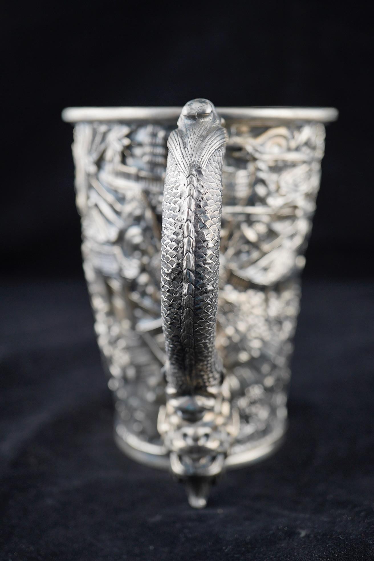Chinese Export Silver Repousse Dragon Handle Tankard by Cum Wo 2