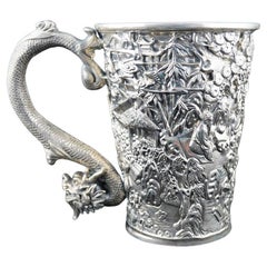 Chinese Export Silver Repousse Dragon Handle Tankard by Cum Wo