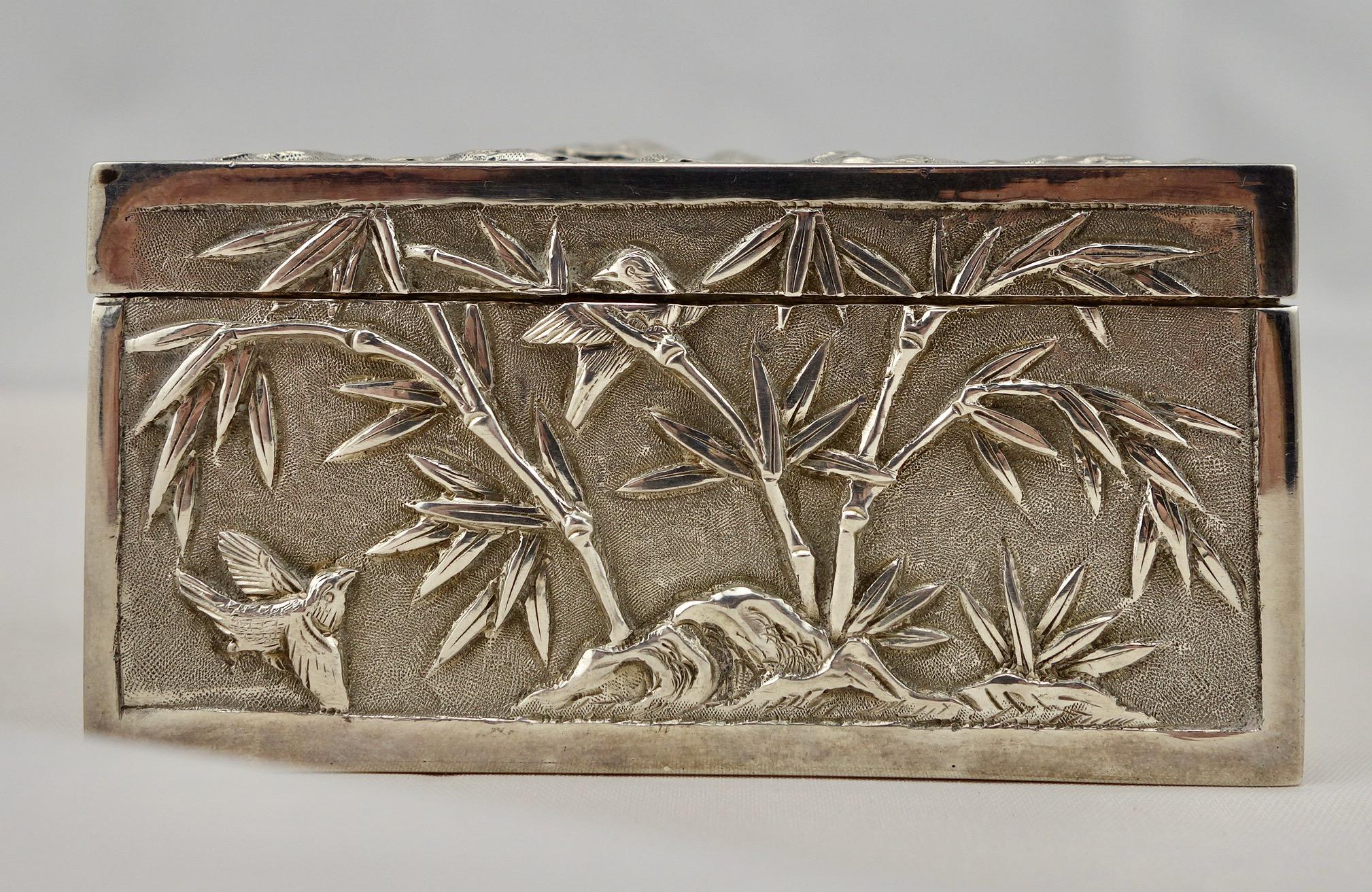 Repoussé Chinese Export Silver Repousse Scenic Box by Wang Hing, circa 1870 For Sale