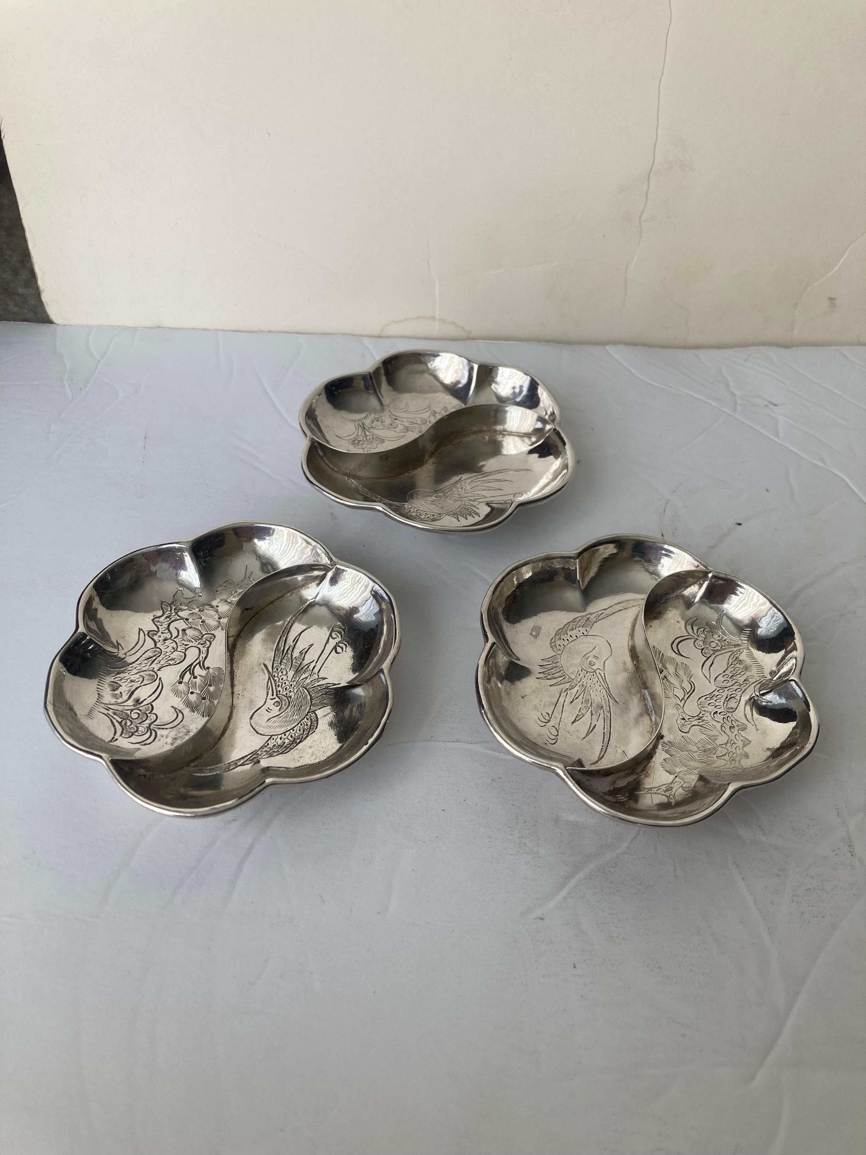 20th Century Chinese, Export Silver Set of Three Soy / Salt Cellars, Marked Zhen  Hua on Side For Sale