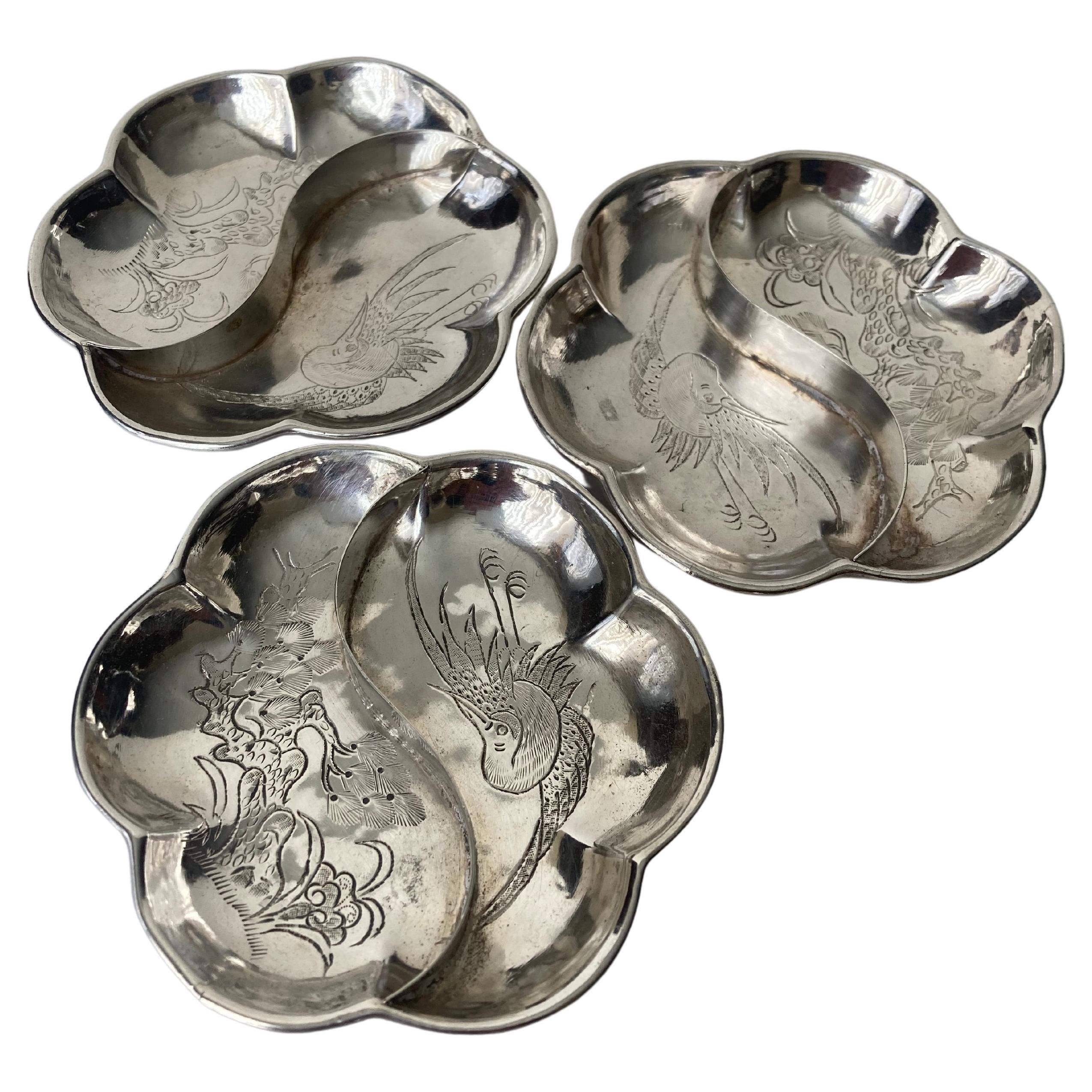 Chinese, Export Silver Set of Three Soy / Salt Cellars, Marked Zhen  Hua on Side For Sale