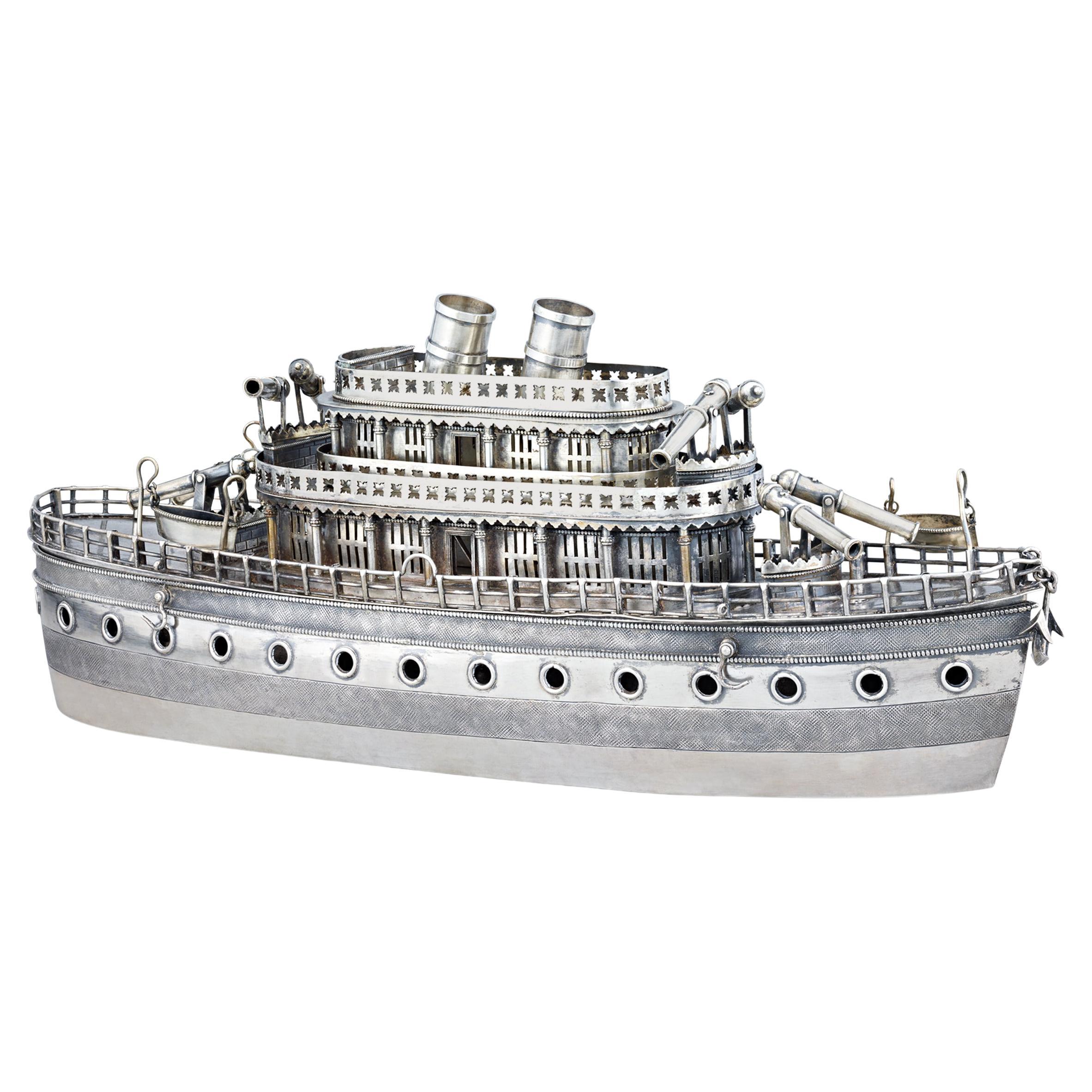 Chinese Export Silver Ship Centerpiece