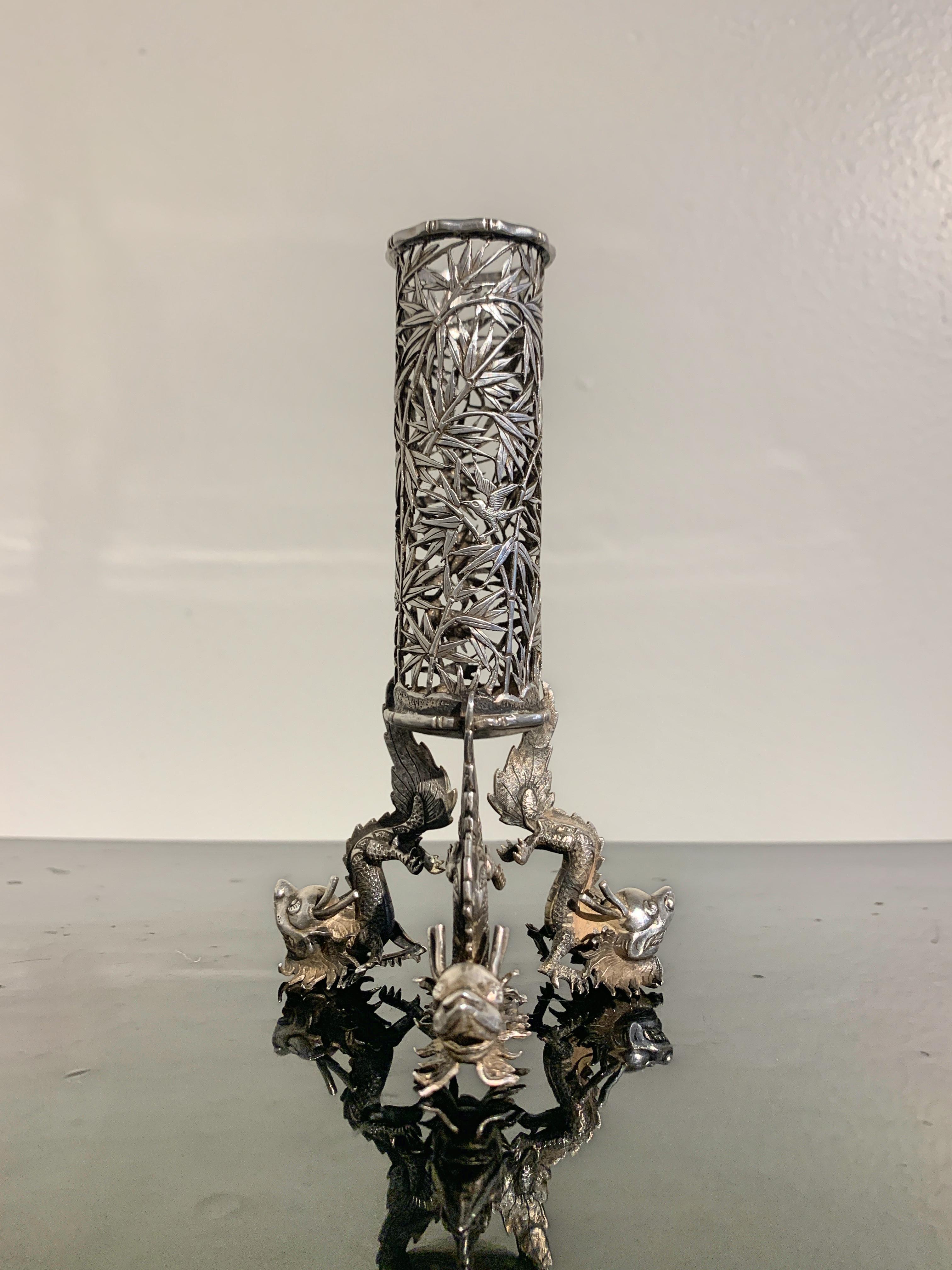 Cast Chinese Export Silver Spill or Bud Vase by Luen Wo, Early 20th Century, China