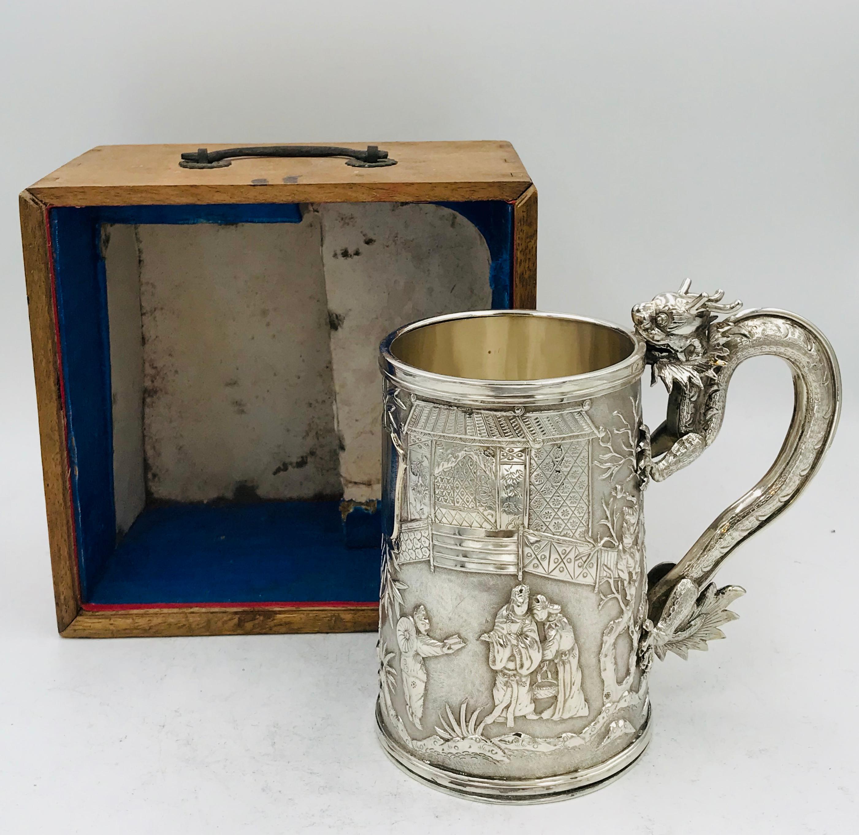 19th Century Chinese Export Silver Tankard in Fitted Case