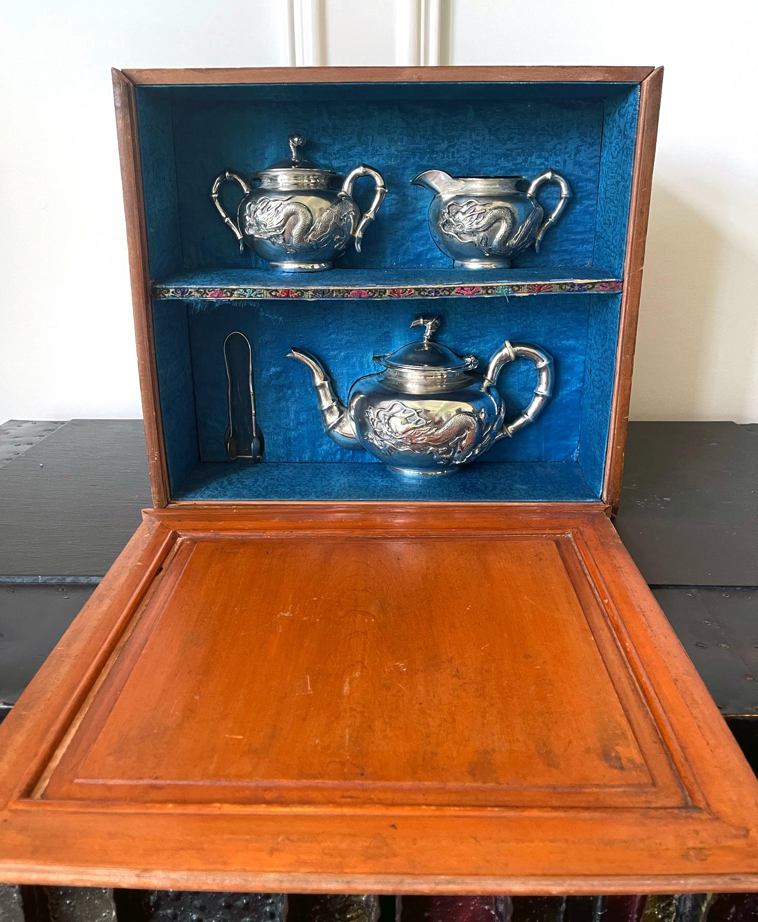 Chinese Export Silver Tea Set with Original Box Zee Wo For Sale 7