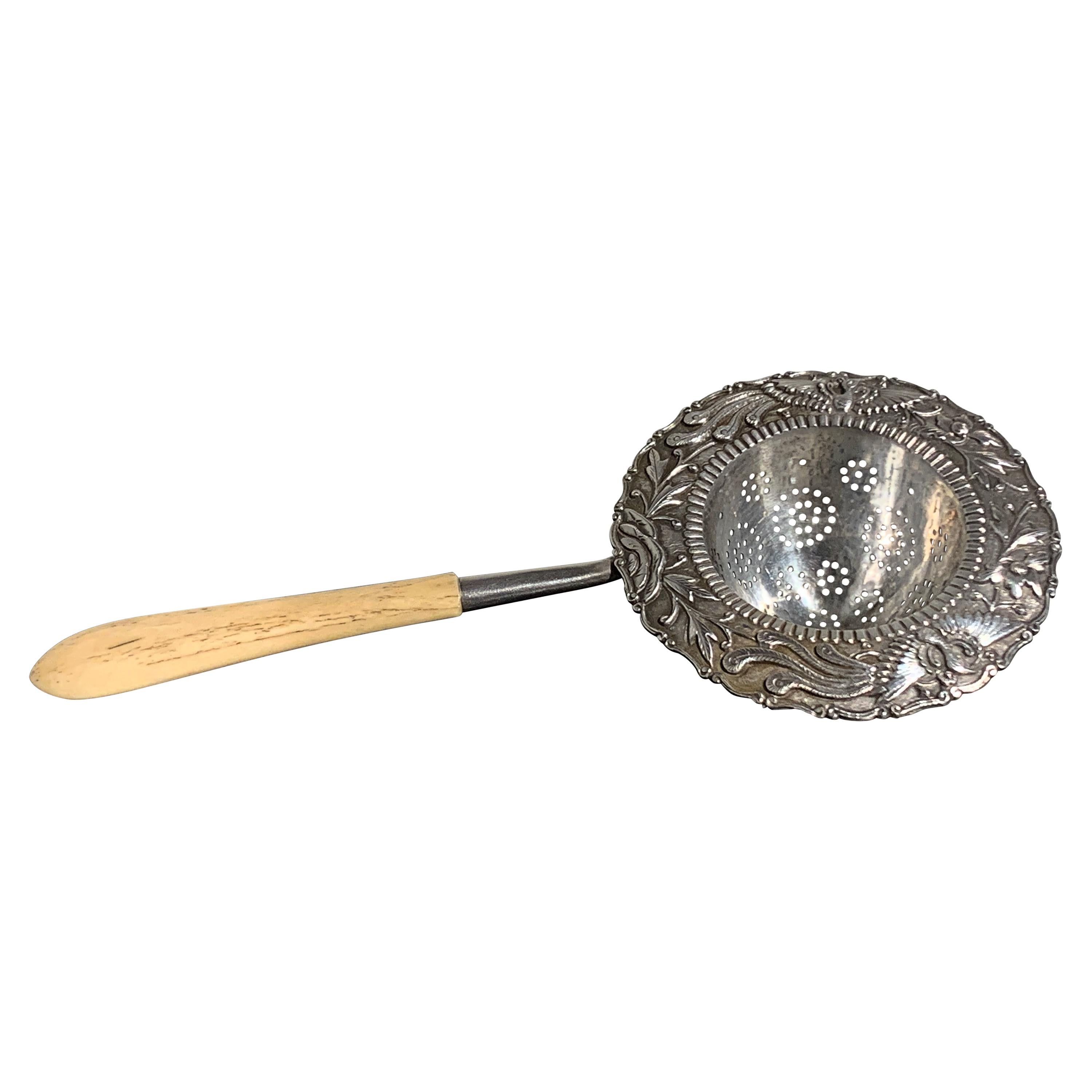 Chinese Export Silver Tea Strainer with Bone Handle