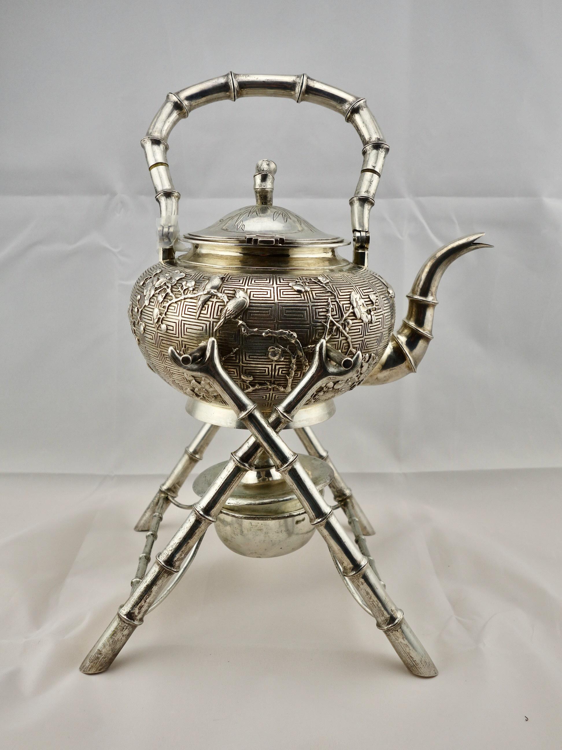 Qing Chinese Export Silver Teapot or Kettle on a Stand by Hung Chong, circa 1900