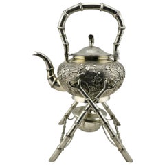 Antique Chinese Export Silver Teapot or Kettle on a Stand by Hung Chong, circa 1900