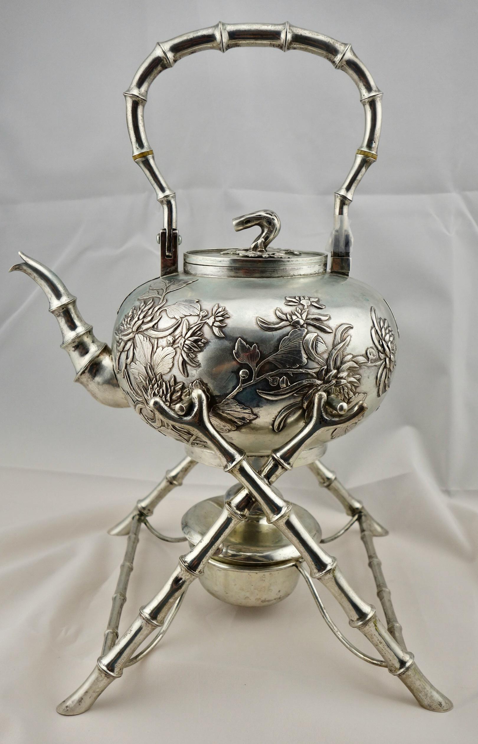 Other Chinese Export Silver Teapot or Kettle on a Stand by Leeching, circa 1900 For Sale