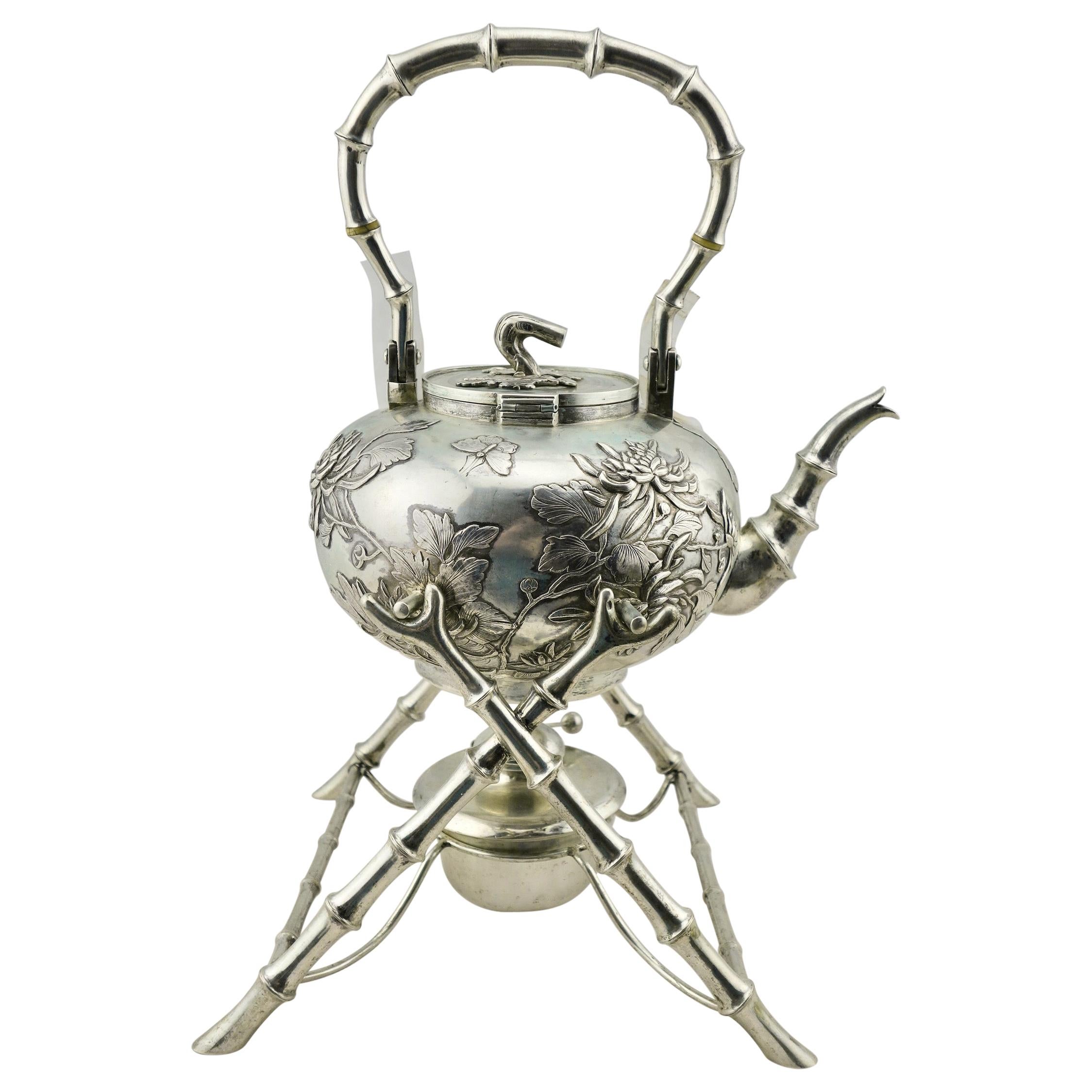 Chinese Export Silver Teapot or Kettle on a Stand by Leeching, circa 1900 For Sale