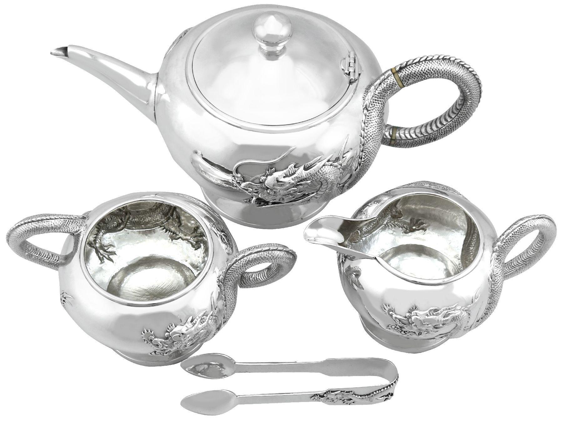 An exceptional, fine and impressive antique Chinese export silver three piece tea service; an addition to our diverse silver teaware collection

This exceptional antique Chinese silver tea service consists of a teapot, cream jug and sugar bowl,