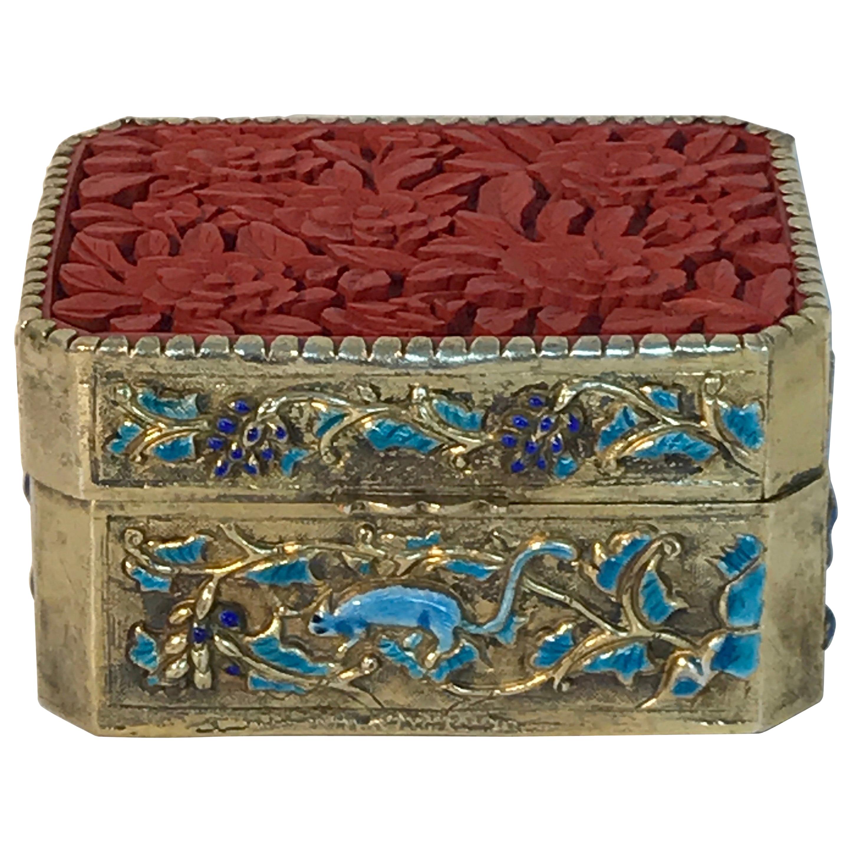 Chinese Export Silver Vermeil Enamel Carved Cinnabar Box