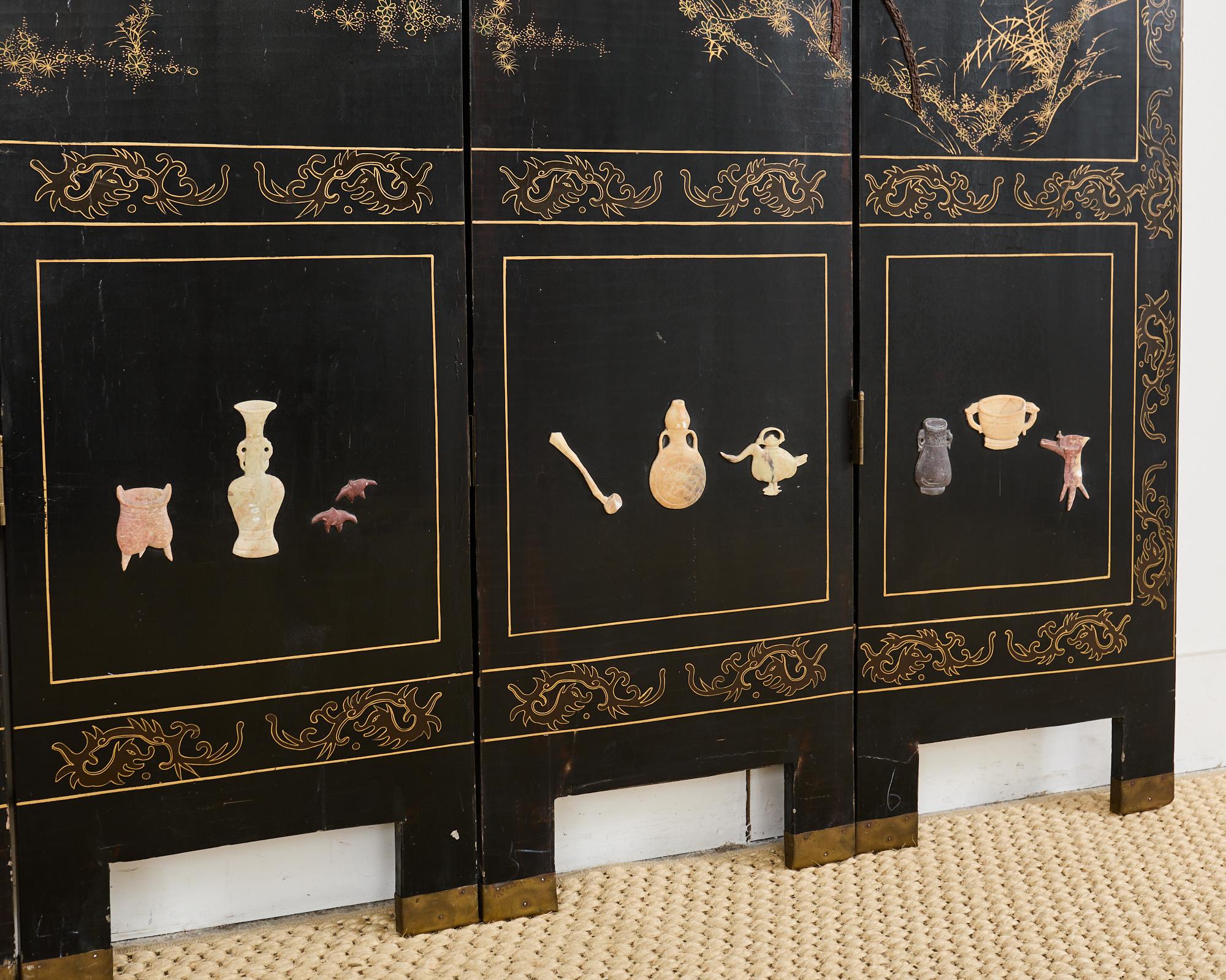 Chinese Export Six Panel Carved Soapstone Coromandel Screen 4