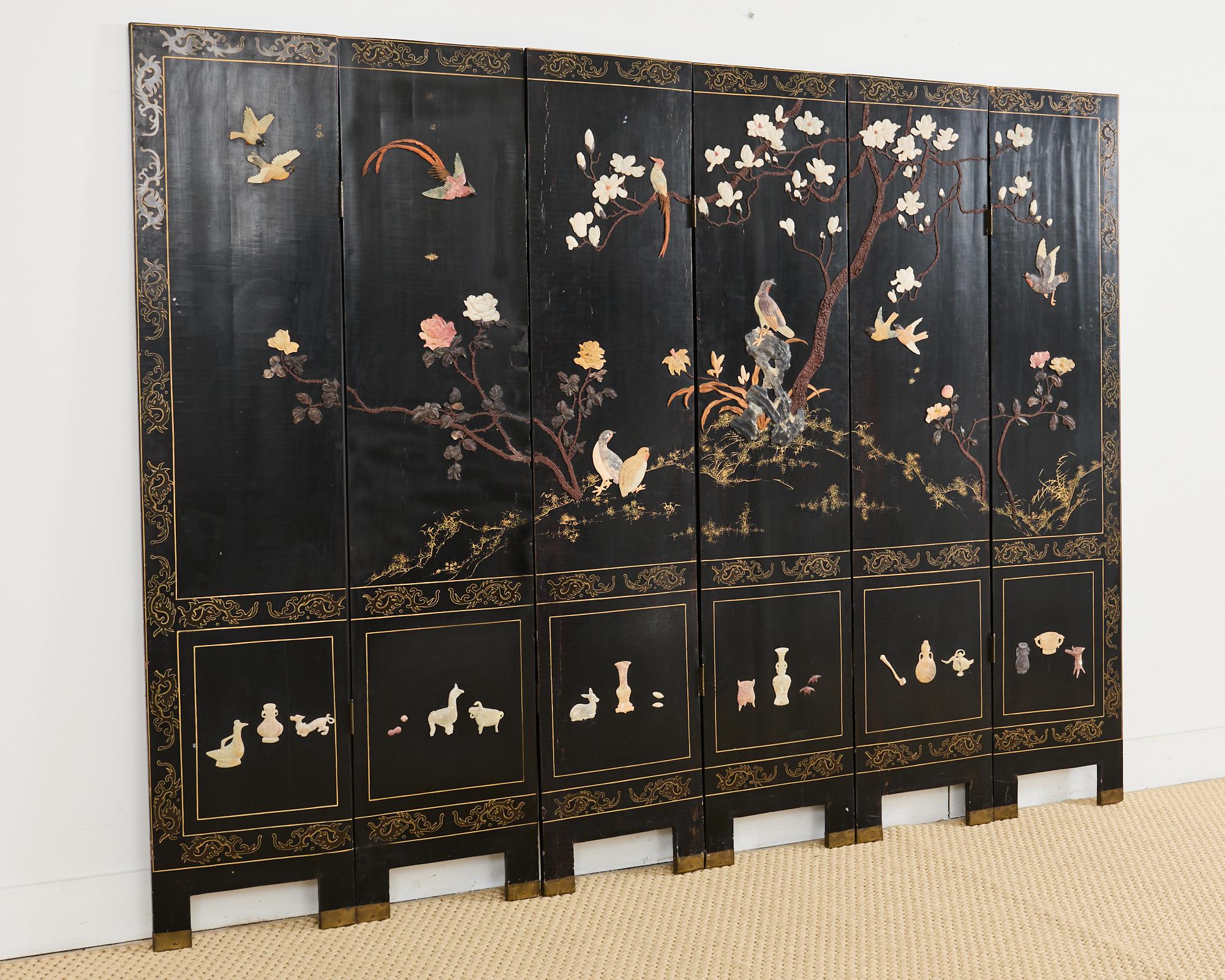 Chinese Export Six Panel Carved Soapstone Coromandel Screen 12