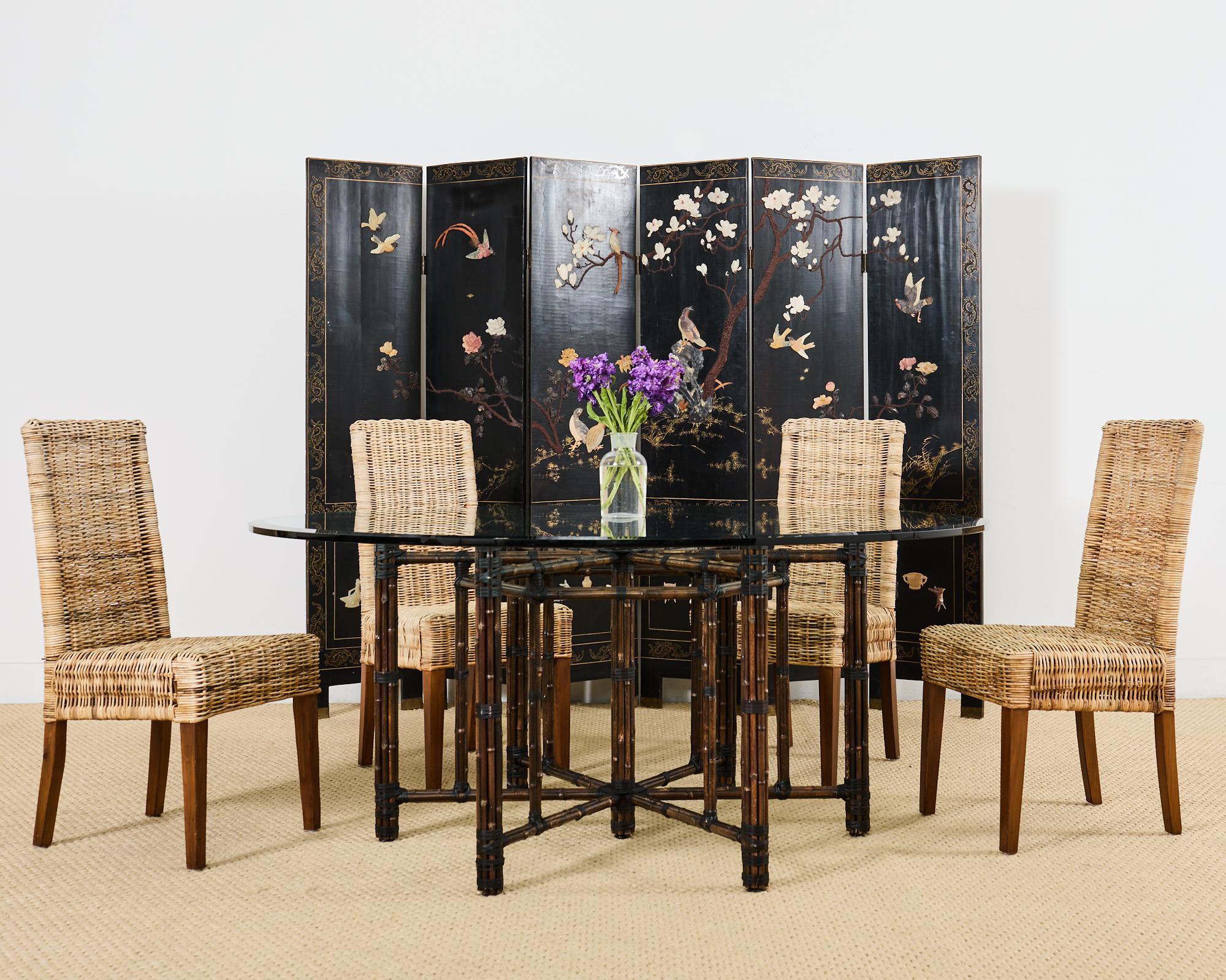 Impressive 20th century Chinese export six-panel coromandel screen featuring a carved soapstone flora and fauna treed landscape screen. Each panel is 16 inches wide lacquered, and decorated with parcel gilt borders and intricately carved, colorful