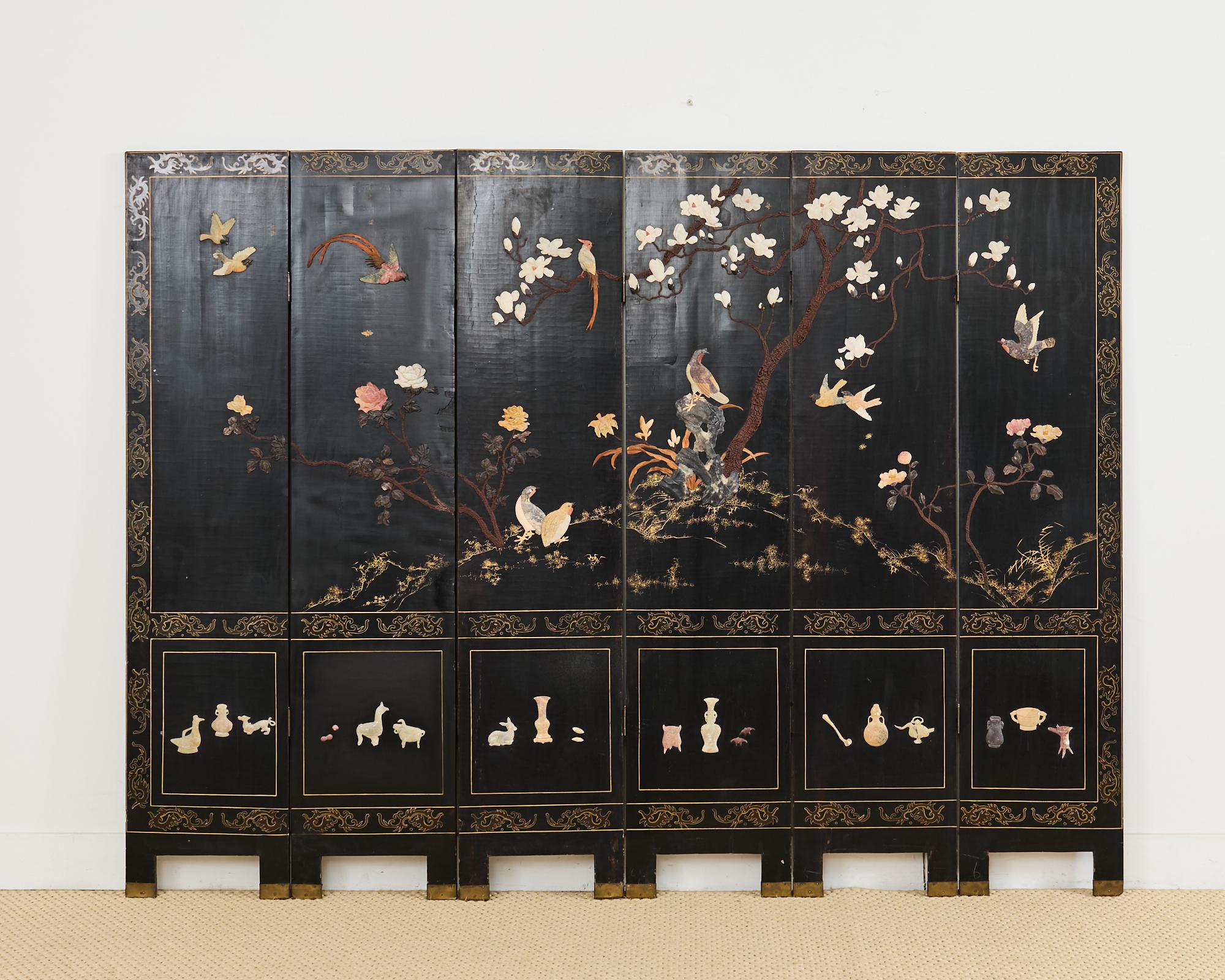 Hand-Crafted Chinese Export Six Panel Carved Soapstone Coromandel Screen