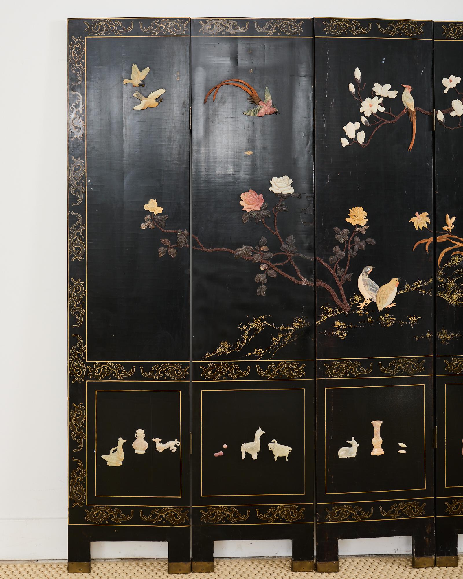 Chinese Export Six Panel Carved Soapstone Coromandel Screen In Distressed Condition In Rio Vista, CA