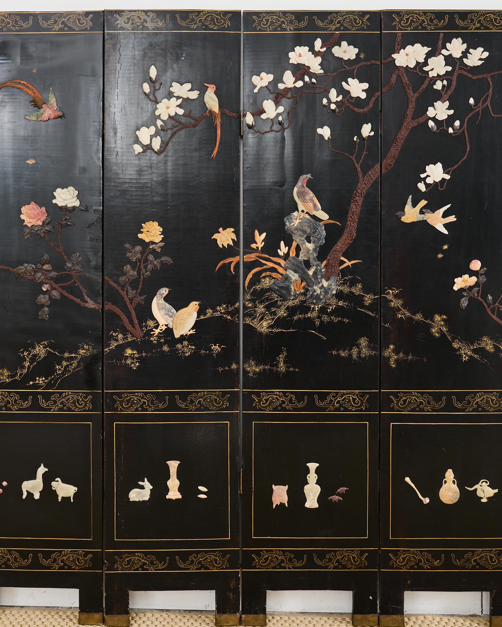 20th Century Chinese Export Six Panel Carved Soapstone Coromandel Screen