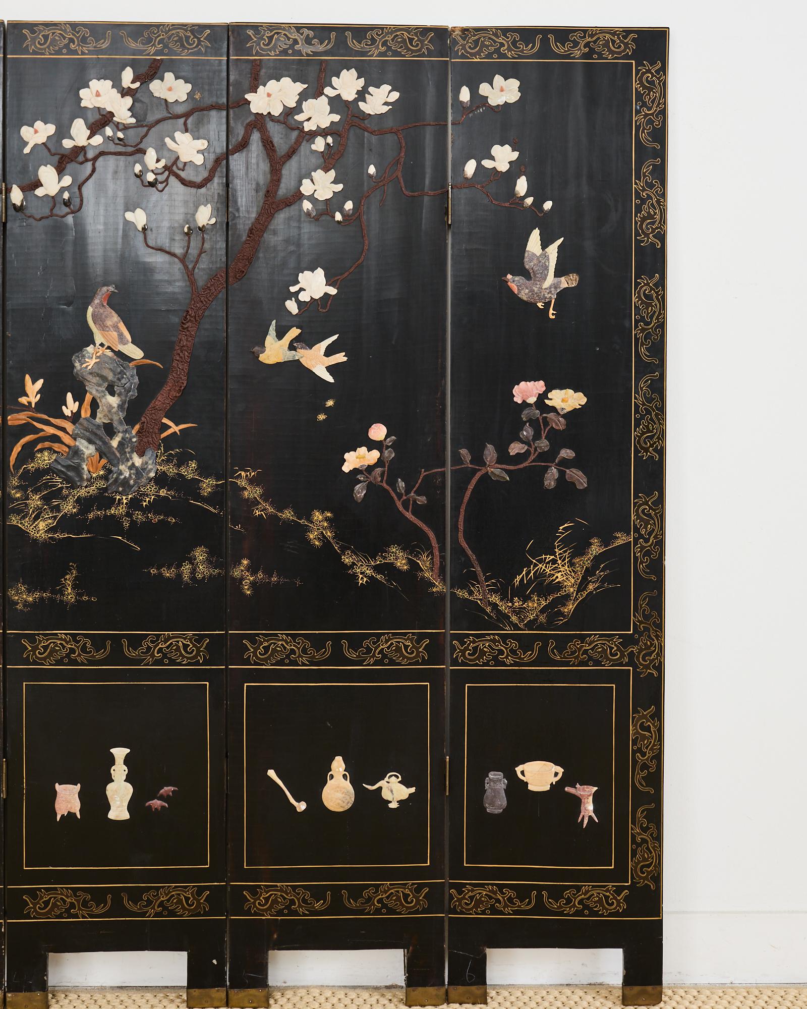 Brass Chinese Export Six Panel Carved Soapstone Coromandel Screen