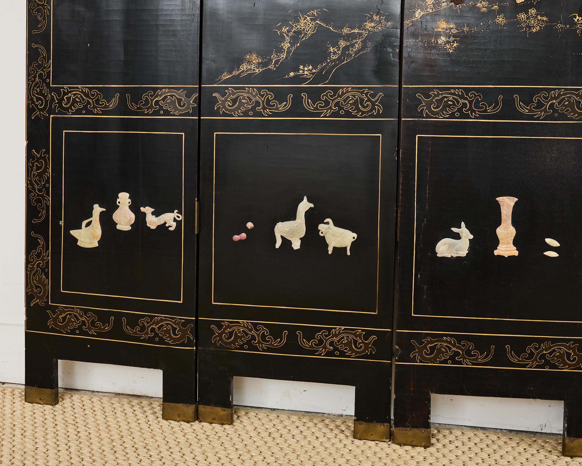 Chinese Export Six Panel Carved Soapstone Coromandel Screen 3