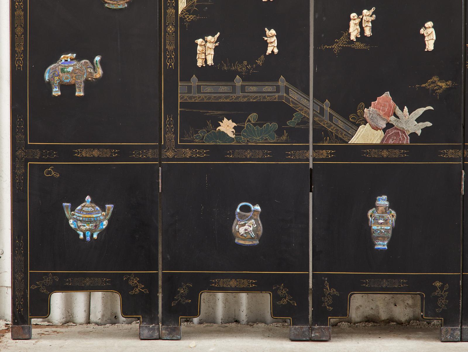 Chinese Export Six Panel Cloisonné Soapstone Coromandel Screen For Sale 4