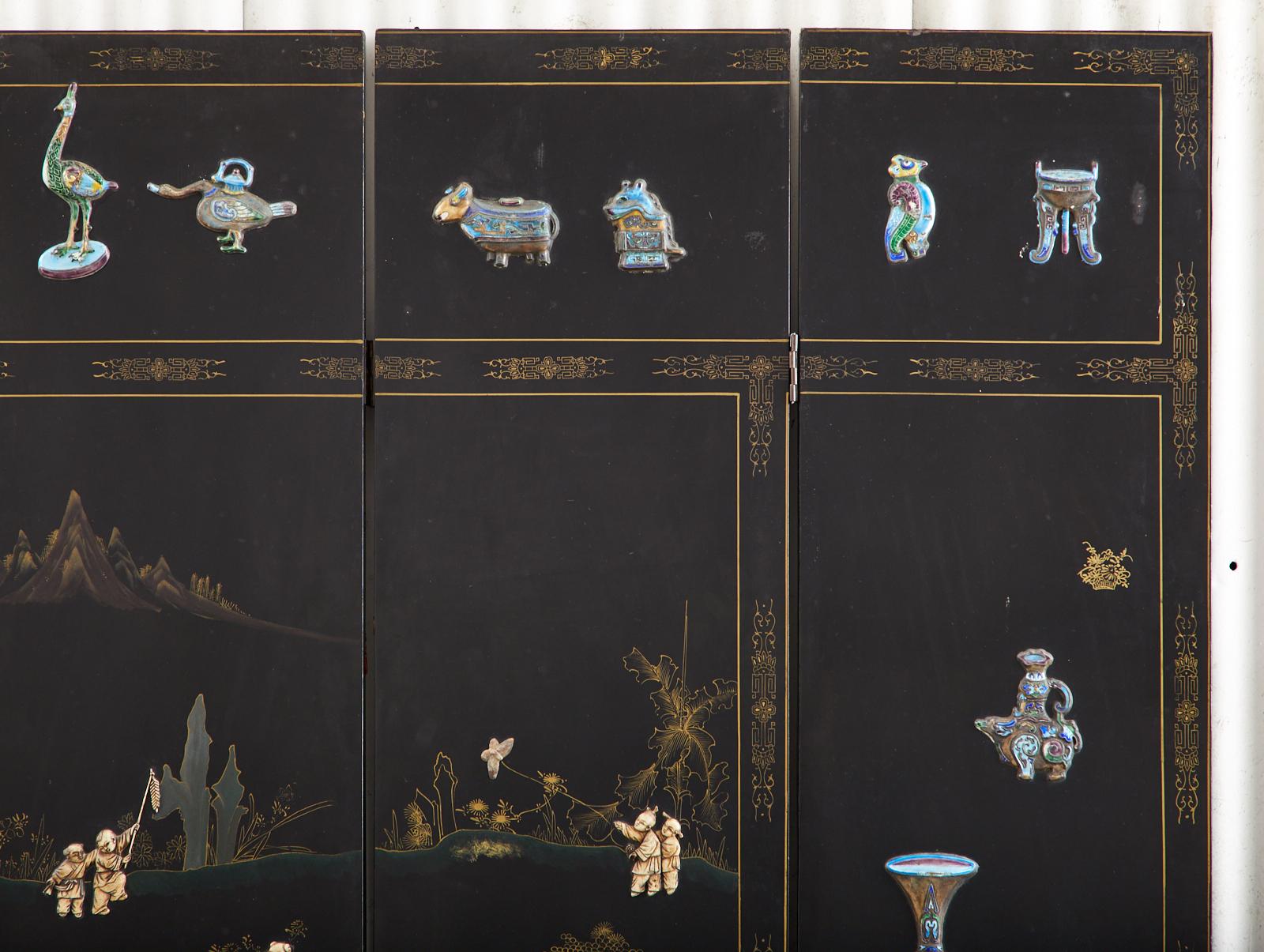 Chinese Export Six Panel Cloisonné Soapstone Coromandel Screen For Sale 5