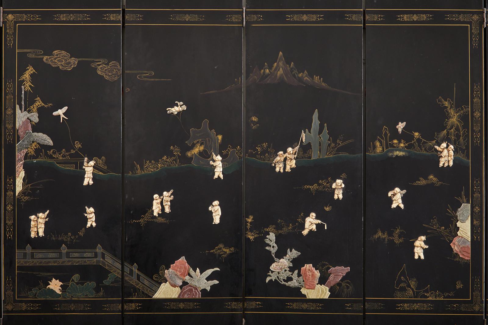 Chinese Export Six Panel Cloisonné Soapstone Coromandel Screen For Sale 7