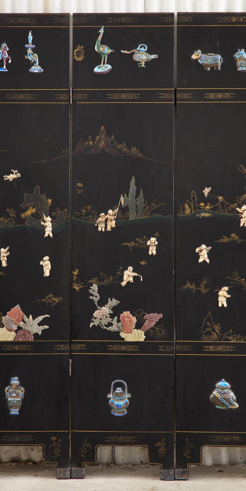20th Century Chinese Export Six Panel Cloisonné Soapstone Coromandel Screen For Sale