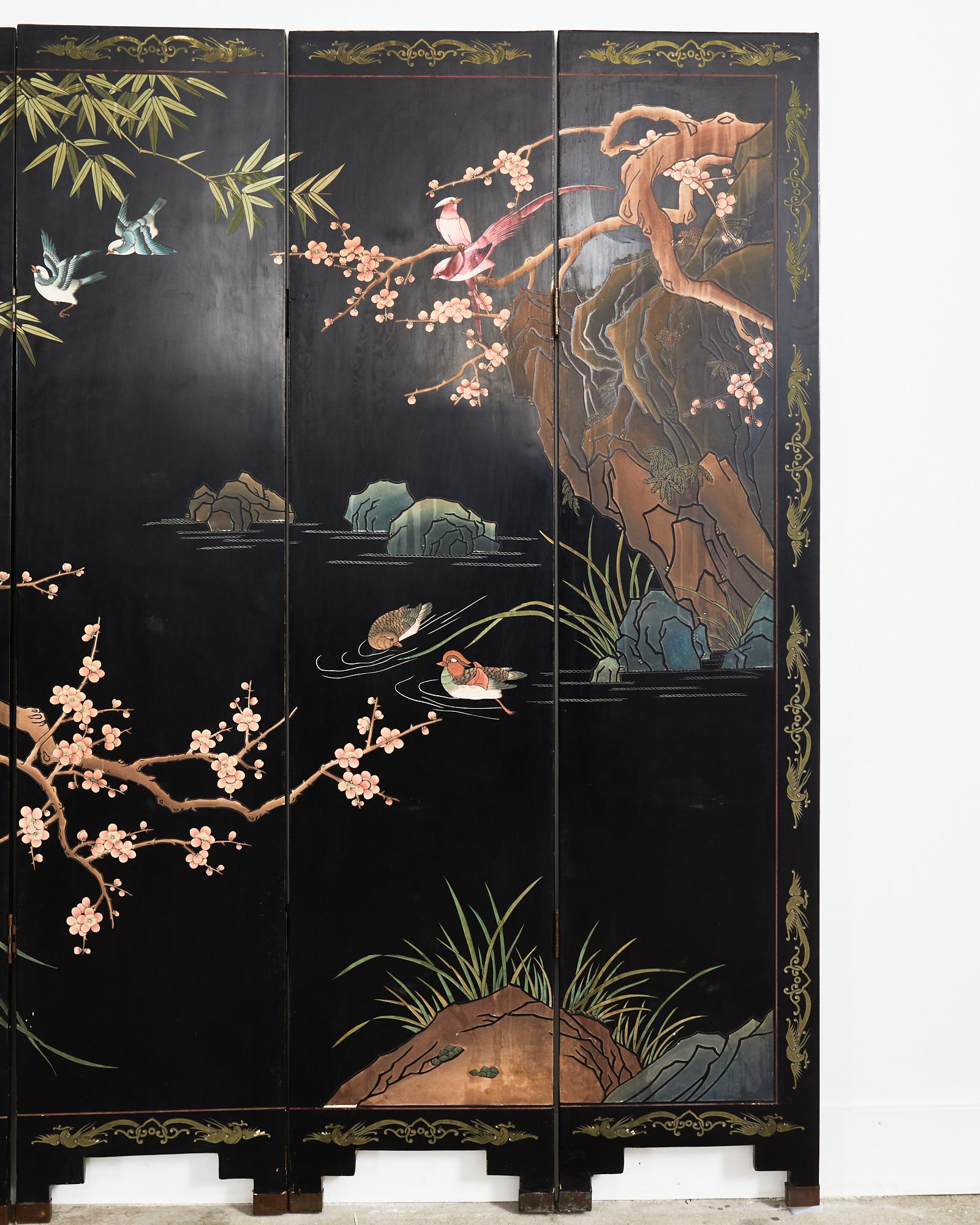 Lacquered Chinese Export Six Panel Coromandel Screen Bamboo Plum Blossom