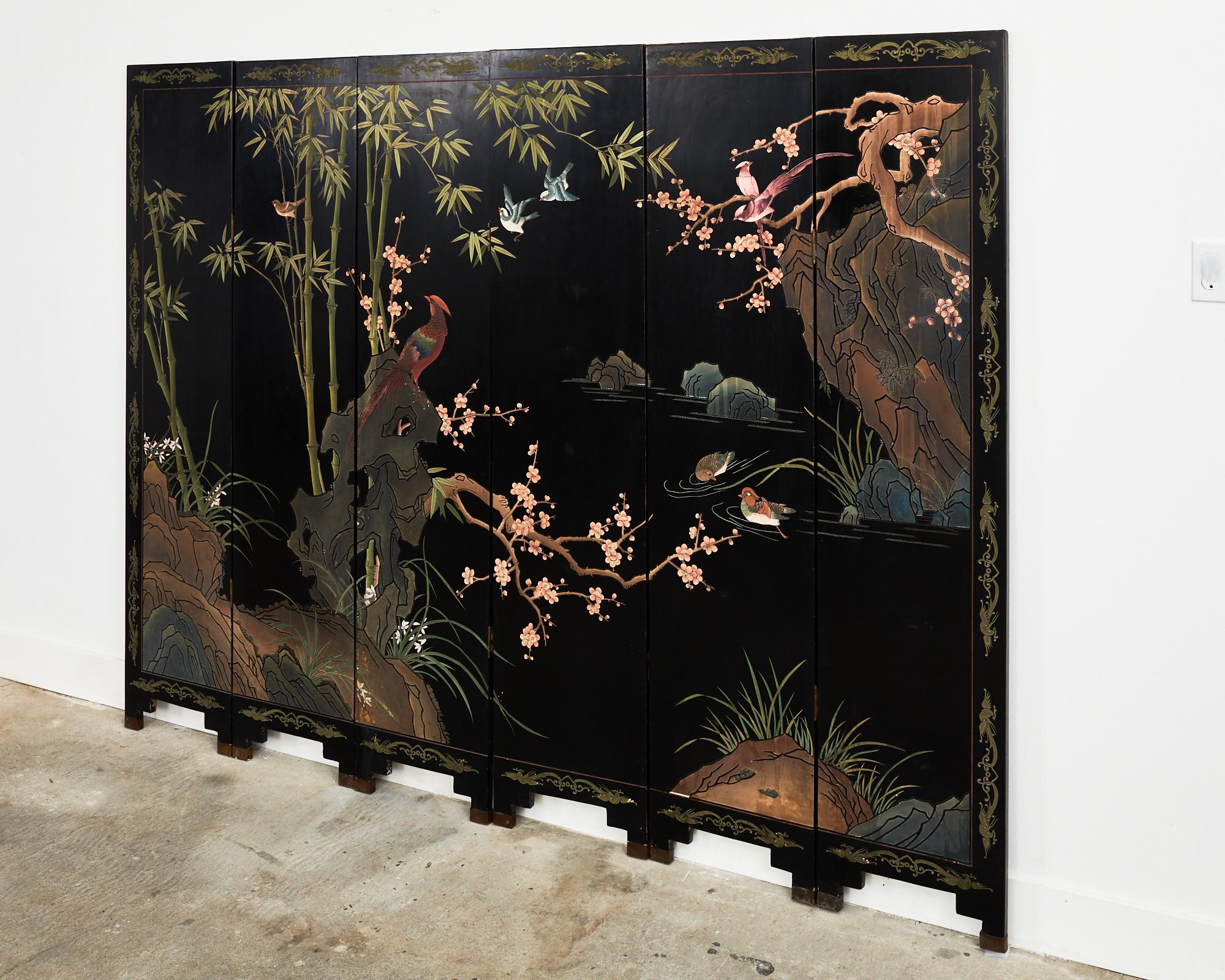 Brass Chinese Export Six Panel Coromandel Screen Bamboo Plum Blossom