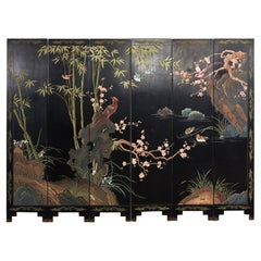 Vintage Chinese Export Six Panel Coromandel Screen Bamboo Plum Blossom