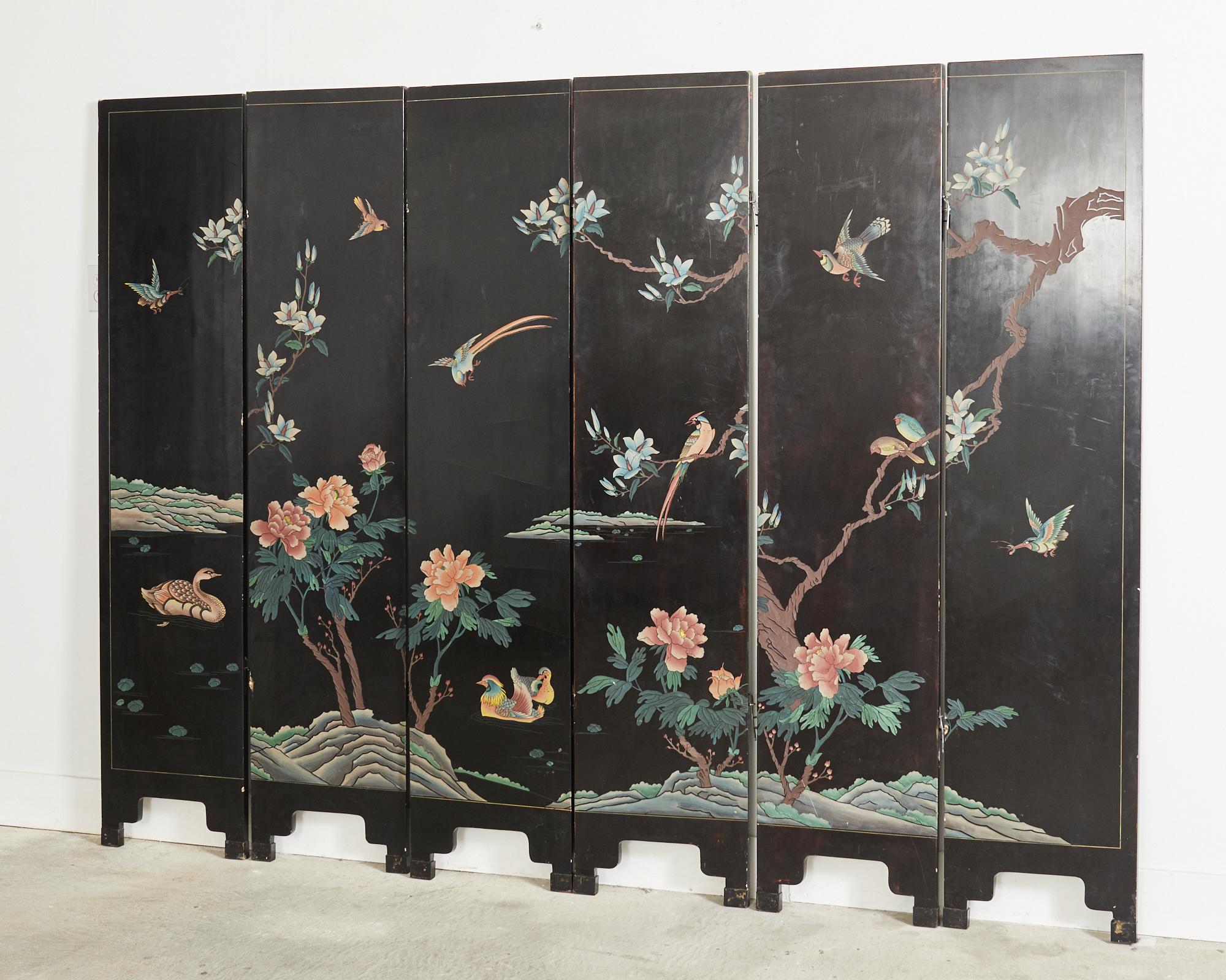 Chinese Export Six Panel Coromandel Screen Exotic Bird Landscape For Sale 14