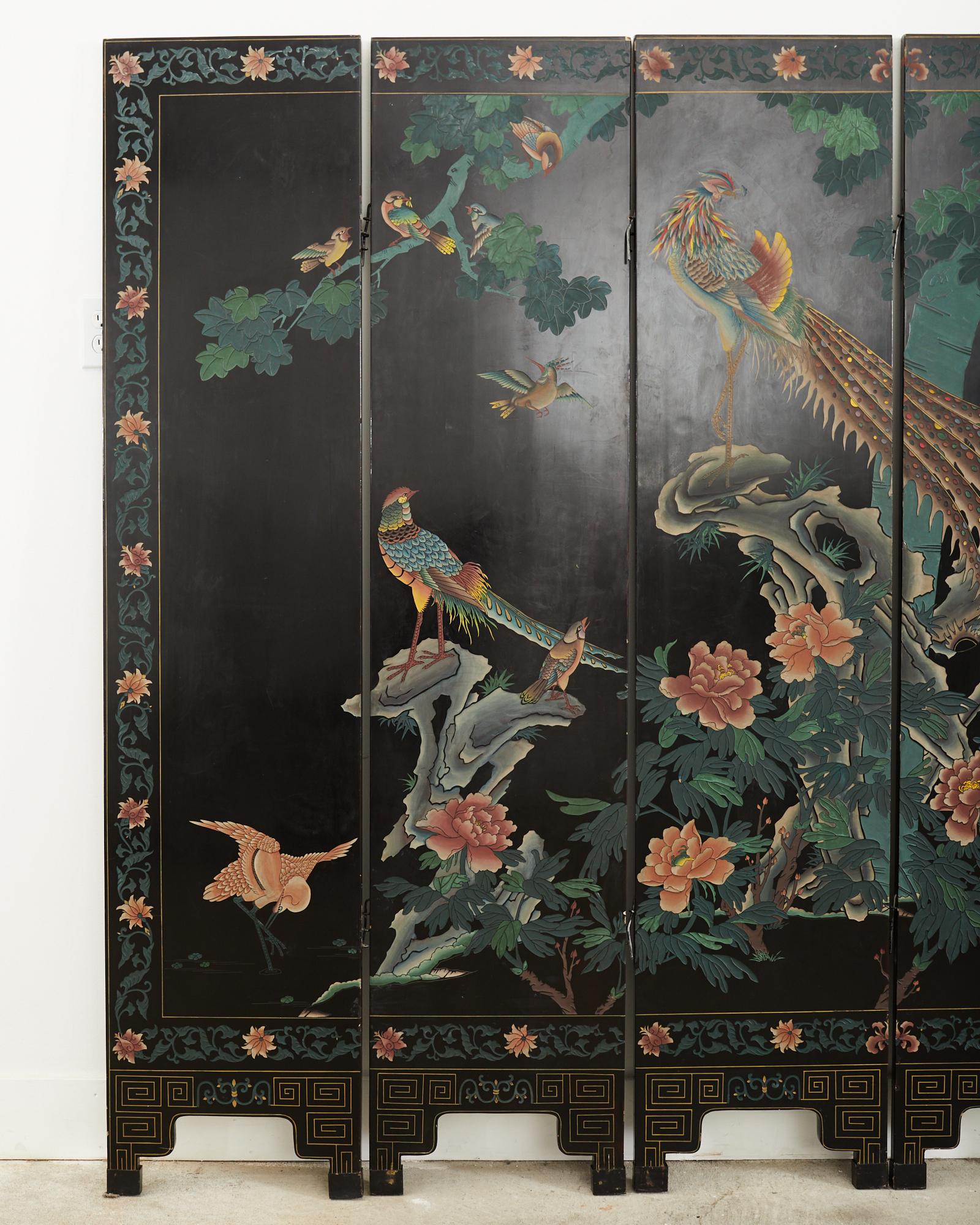 Hand-Crafted Chinese Export Six Panel Coromandel Screen Exotic Bird Landscape For Sale