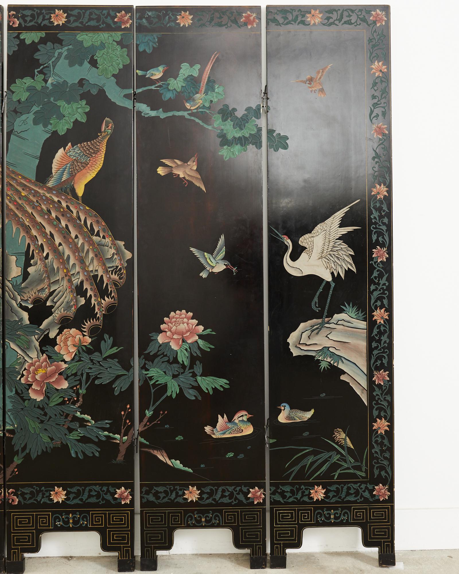 20th Century Chinese Export Six Panel Coromandel Screen Exotic Bird Landscape For Sale