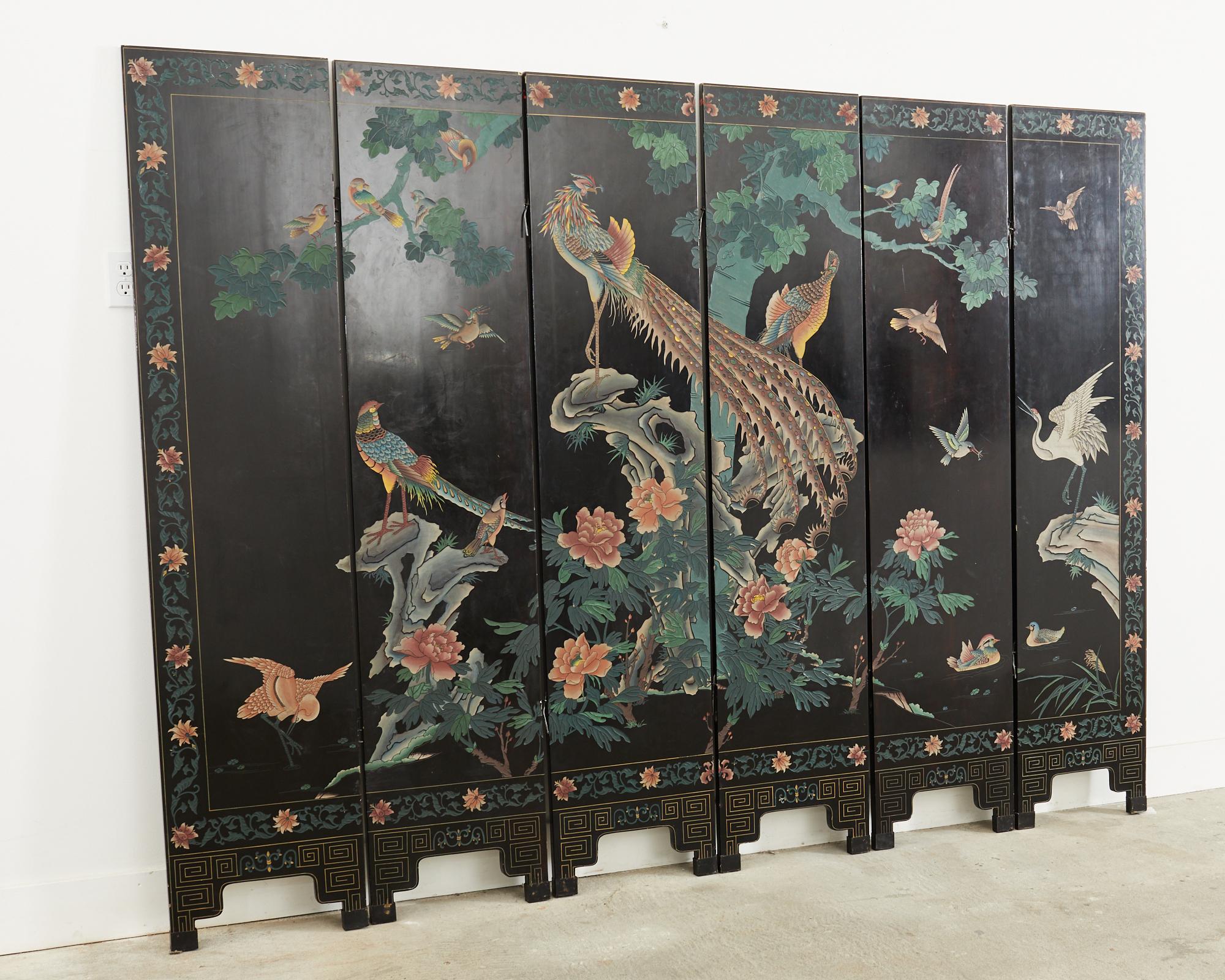 Metal Chinese Export Six Panel Coromandel Screen Exotic Bird Landscape For Sale