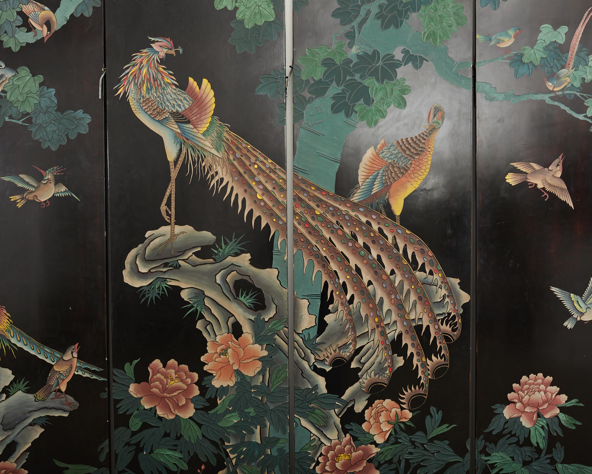 Chinese Export Six Panel Coromandel Screen Exotic Bird Landscape For Sale 1