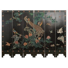 Antique Chinese Export Six Panel Coromandel Screen Exotic Bird Landscape